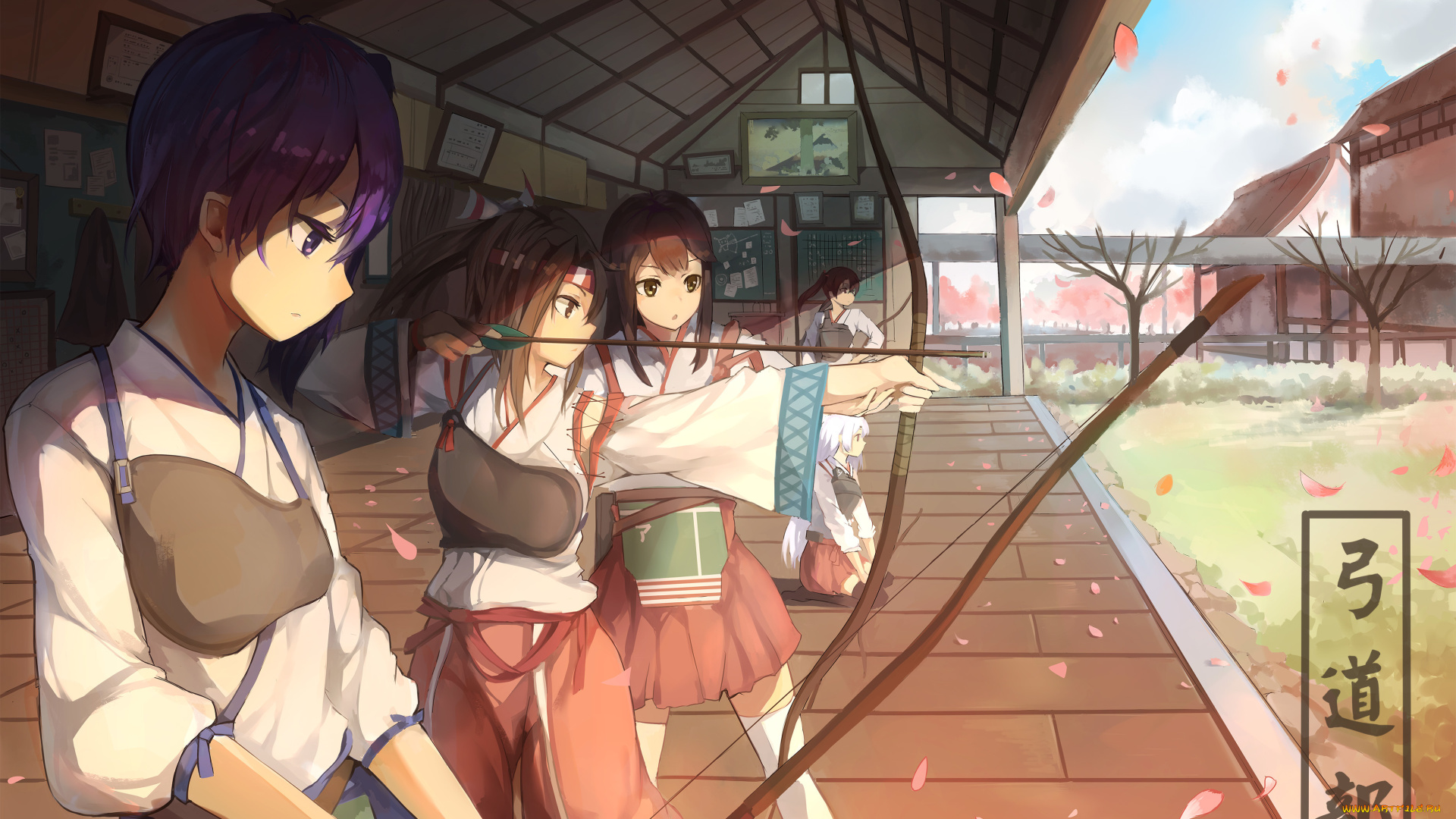 аниме, kantai, collection, тренировка, kantai, collection, лук, оружие, akagi, aircraft, carrier, kaga, девушки, zuihou, light, zuikaku, shoukaku, gensou, kurou, usagi, art