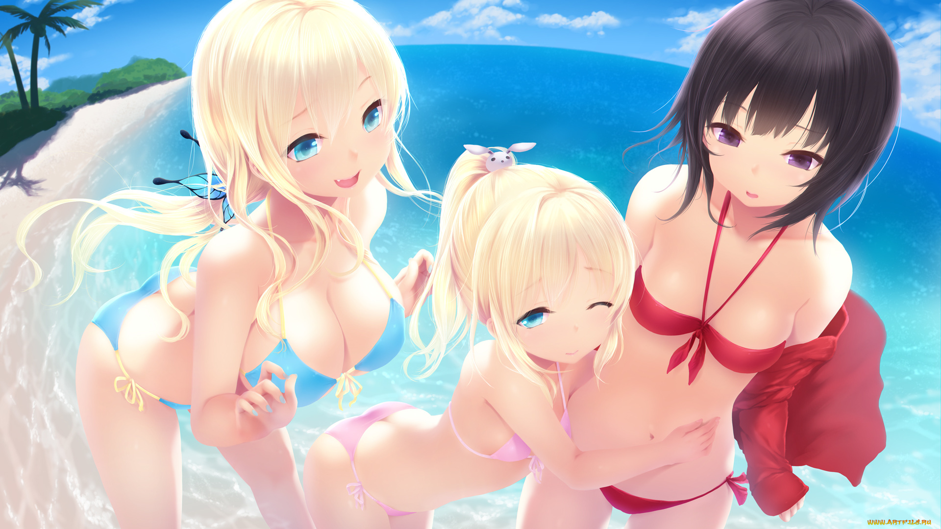 аниме, пальма, , mikazuki, yozora, радость, смущение, бикини, грудь, море, пляж, boku, wa, tomodachi, ga, sukunai, hasegawa, kobato, kashiwazaki, sena, cait, девушки, art