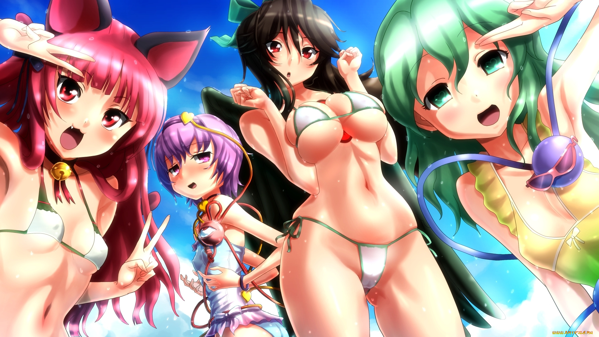 аниме, touhou, kaenbyou, rin, ушки, грудь, девушки, kezune, art, бикини, удивление, радость, взгляд, reiuji, utsuho, komeiji, satori, koishi