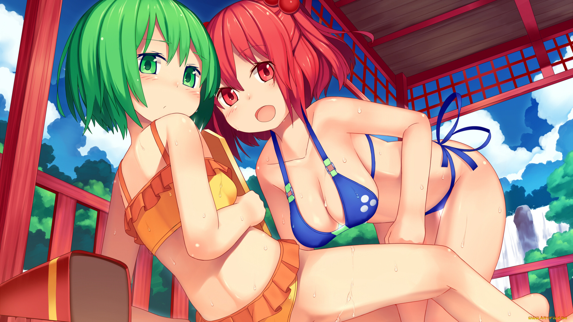 аниме, touhou, взгляд, девушки, onozuka, komachi, shiki, eiki, mikan, объятья, грудь, бикини, смущение, удивление, радость, art