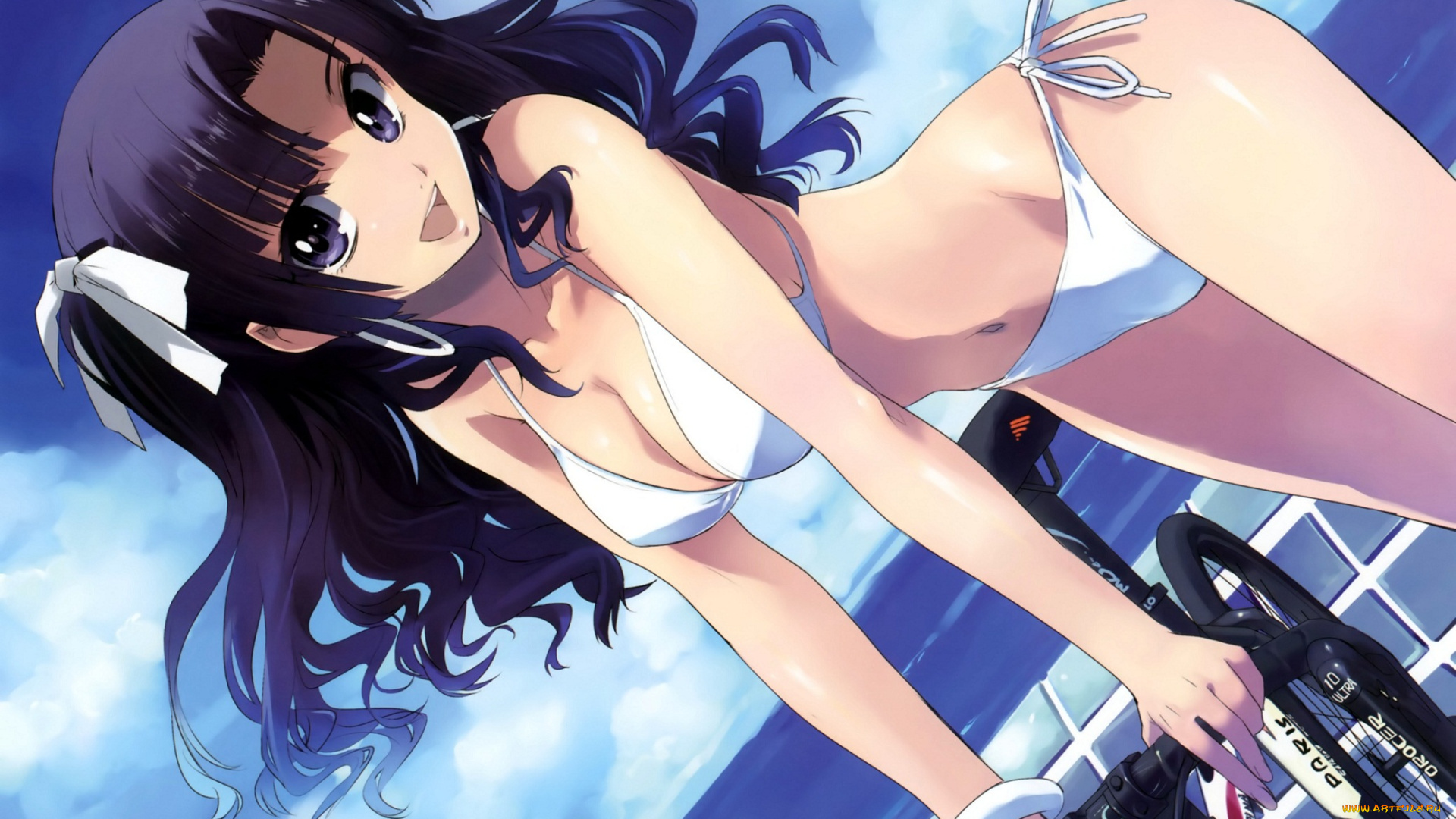 аниме, *unknown, , другое, море, девушка, грудь, велосипед, art, matsumoto, noriyuki, радость, бикини, взгляд