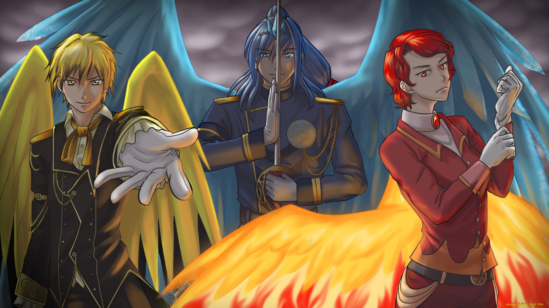 фэнтези, ангелы, парни, крылья, трое