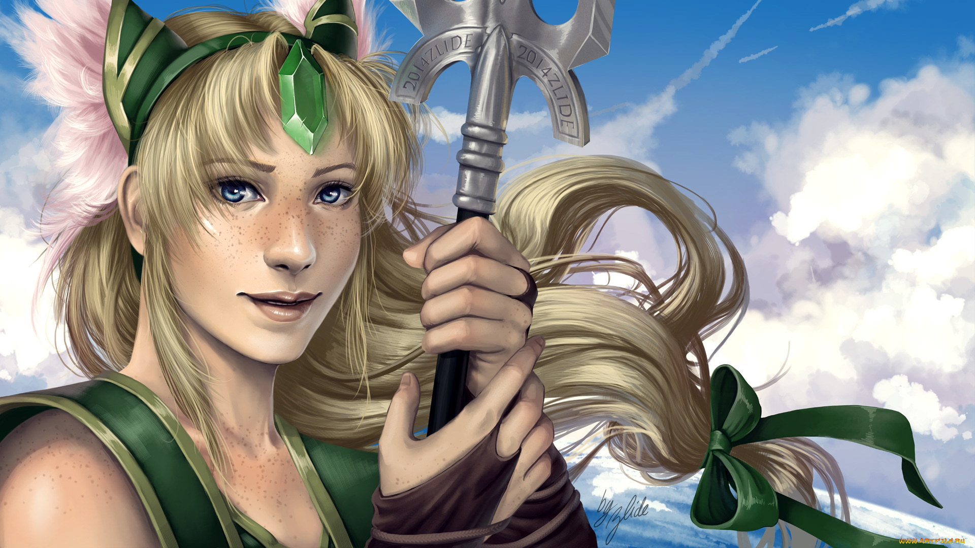 фэнтези, девушки, волосы, взгляд, веснушки, улыбка, девушка, арт, фантастика, оружие, бантик, ленточка