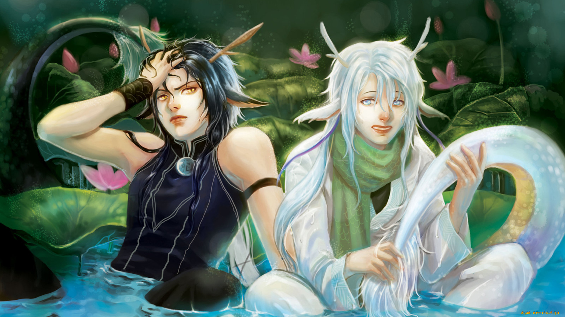фэнтези, существа, цветы, шарф, хвосты, парни, вода
