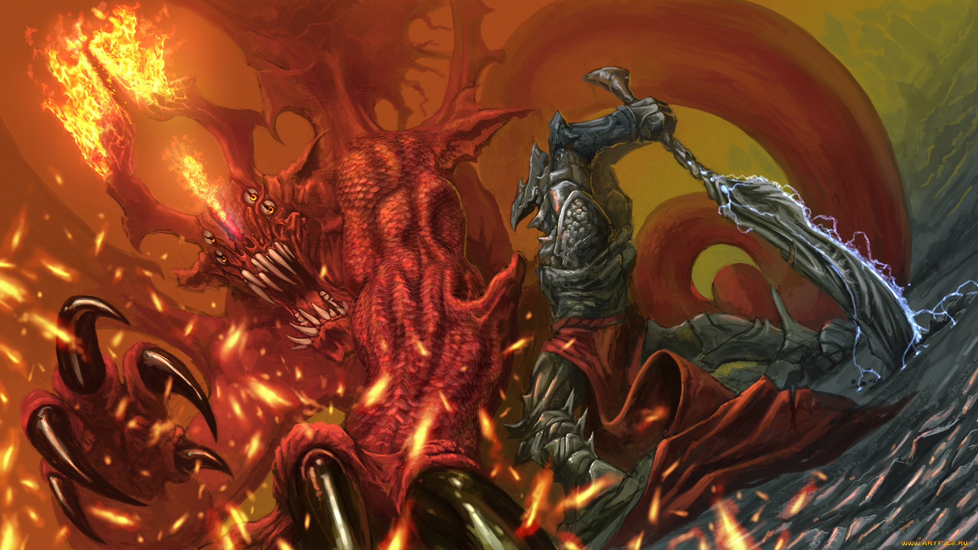 фэнтези, существа, воин, мсонстр, чудовище, сражение, меч