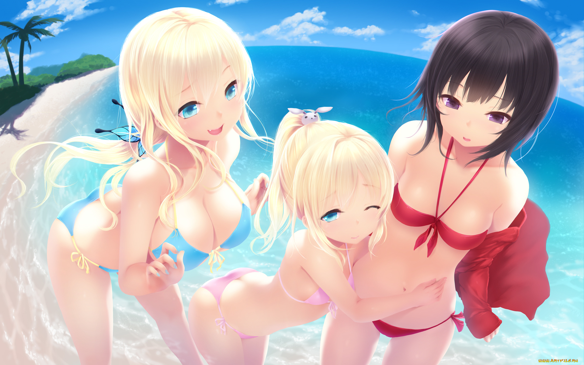 аниме, пальма, , mikazuki, yozora, радость, смущение, бикини, грудь, море, пляж, boku, wa, tomodachi, ga, sukunai, hasegawa, kobato, kashiwazaki, sena, cait, девушки, art