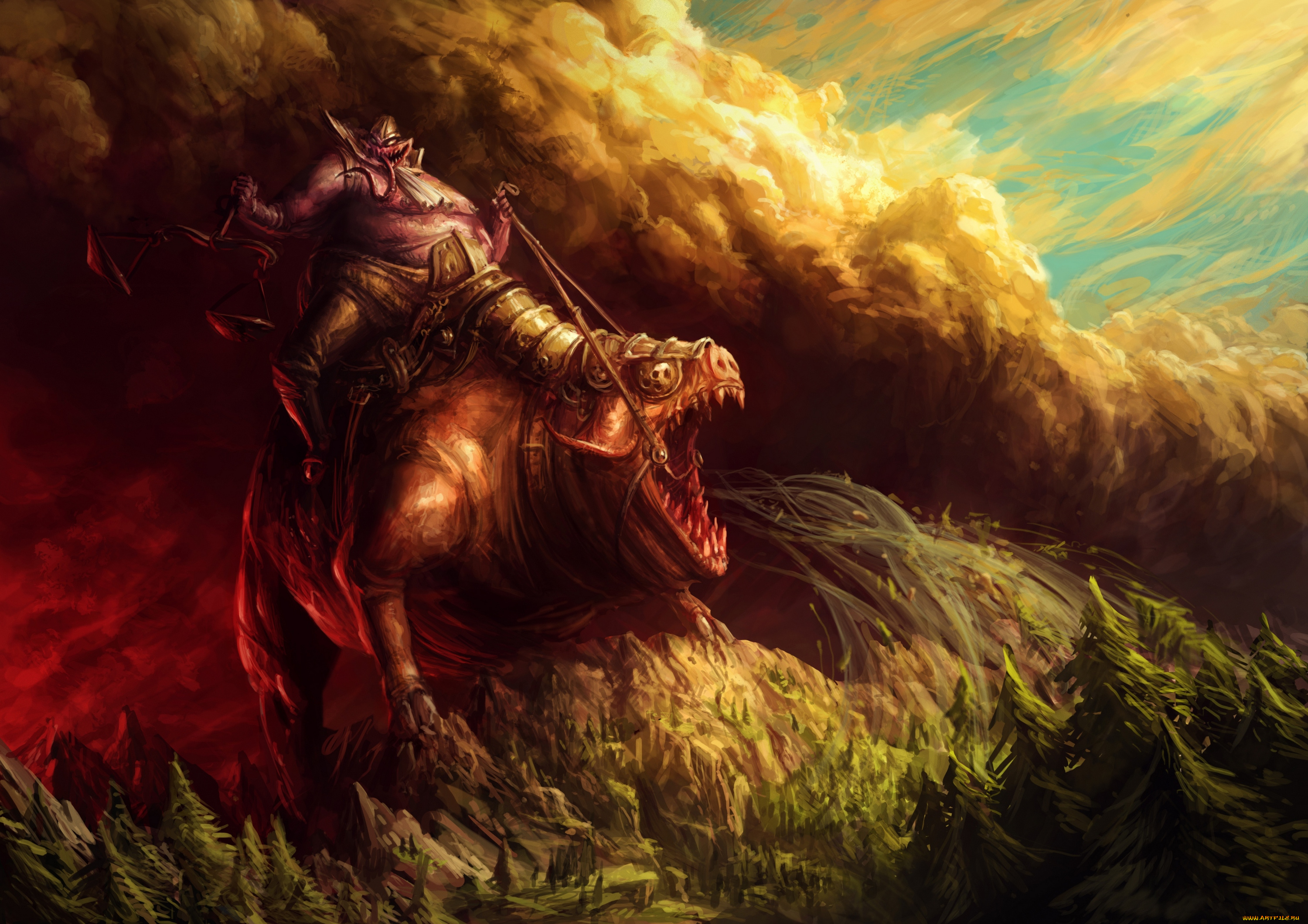 фэнтези, существа, монстры, всадник, чудовища, горы, лес, тучи