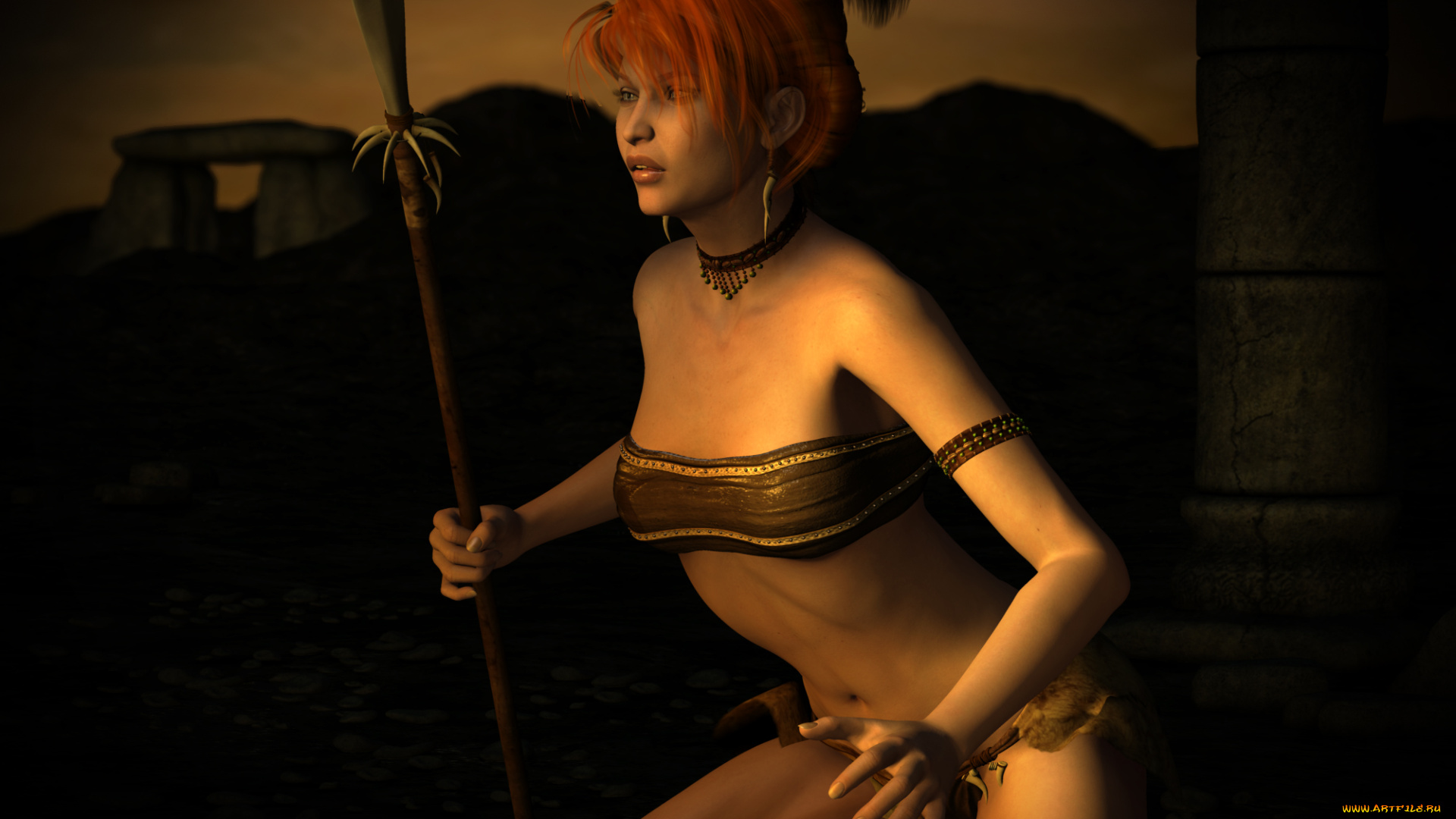 3д, графика, амазонки, , amazon, фон, копье, девушка, взгляд