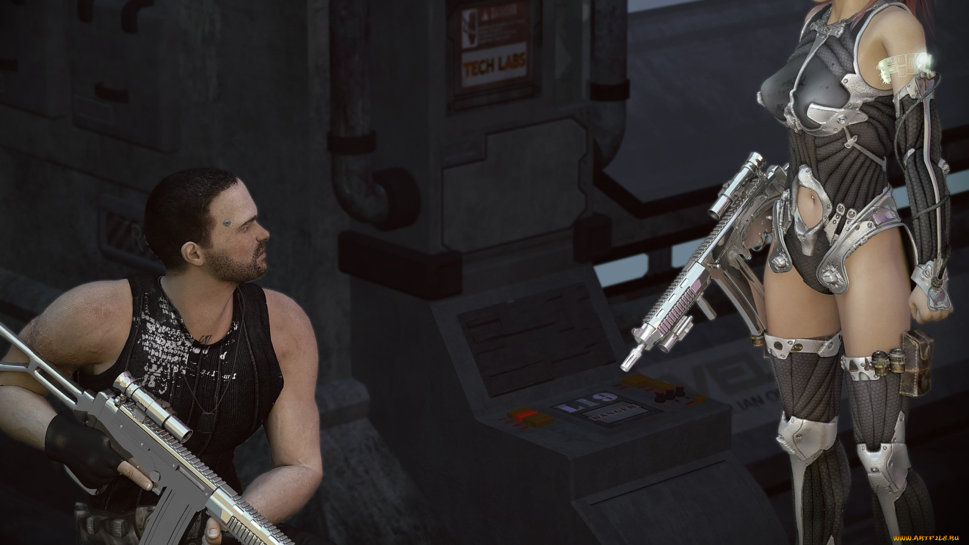 3д, графика, фантазия, , fantasy, девушка, взгляд, фон, оружие, мужчина