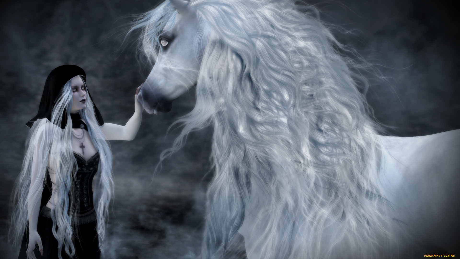 3д, графика, фантазия, , fantasy, лошадь, фон, взгляд, девушка