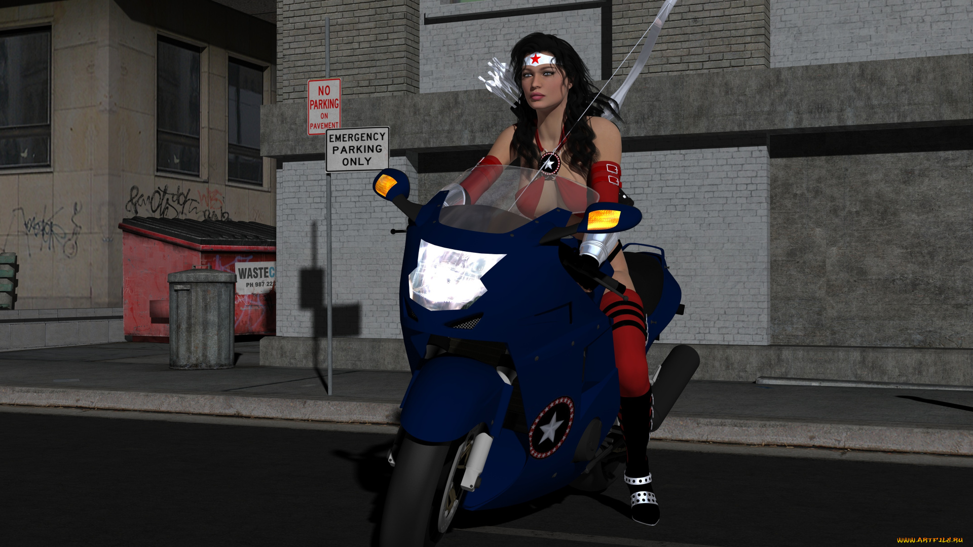 3д, графика, фантазия, , fantasy, лук, взгляд, фон, девушка, мотоцикл