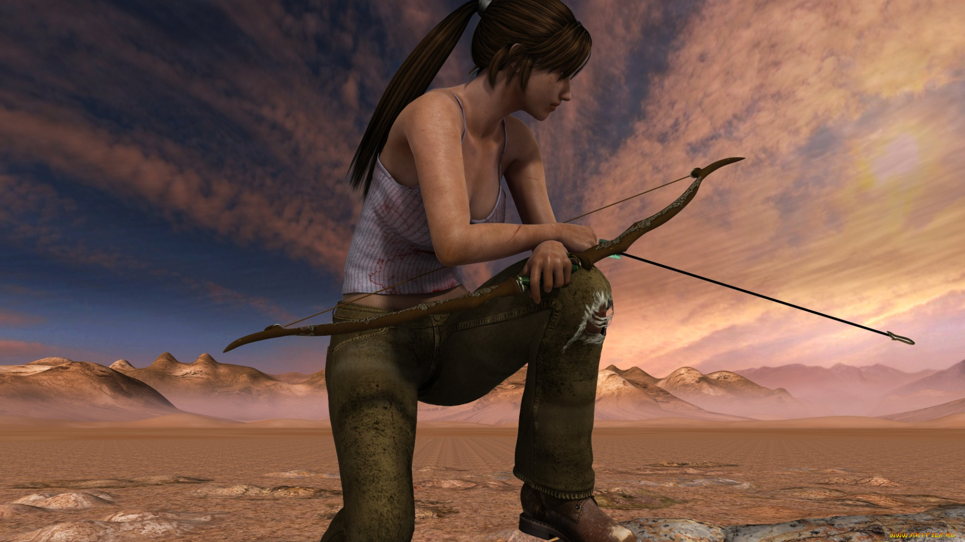 3д, графика, люди, , people, лук, фон, взгляд, девушка, холмы, пустыня