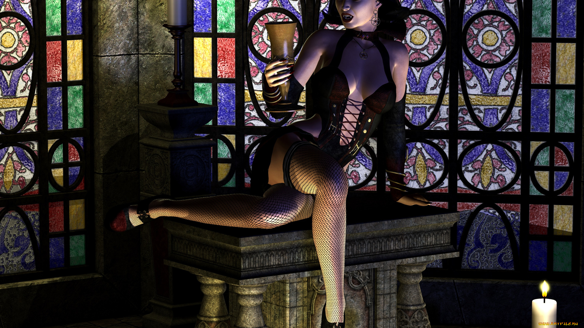 3д, графика, существа, , creatures, девушка, вампир, фон, свеча, витраж, чаша, взгляд