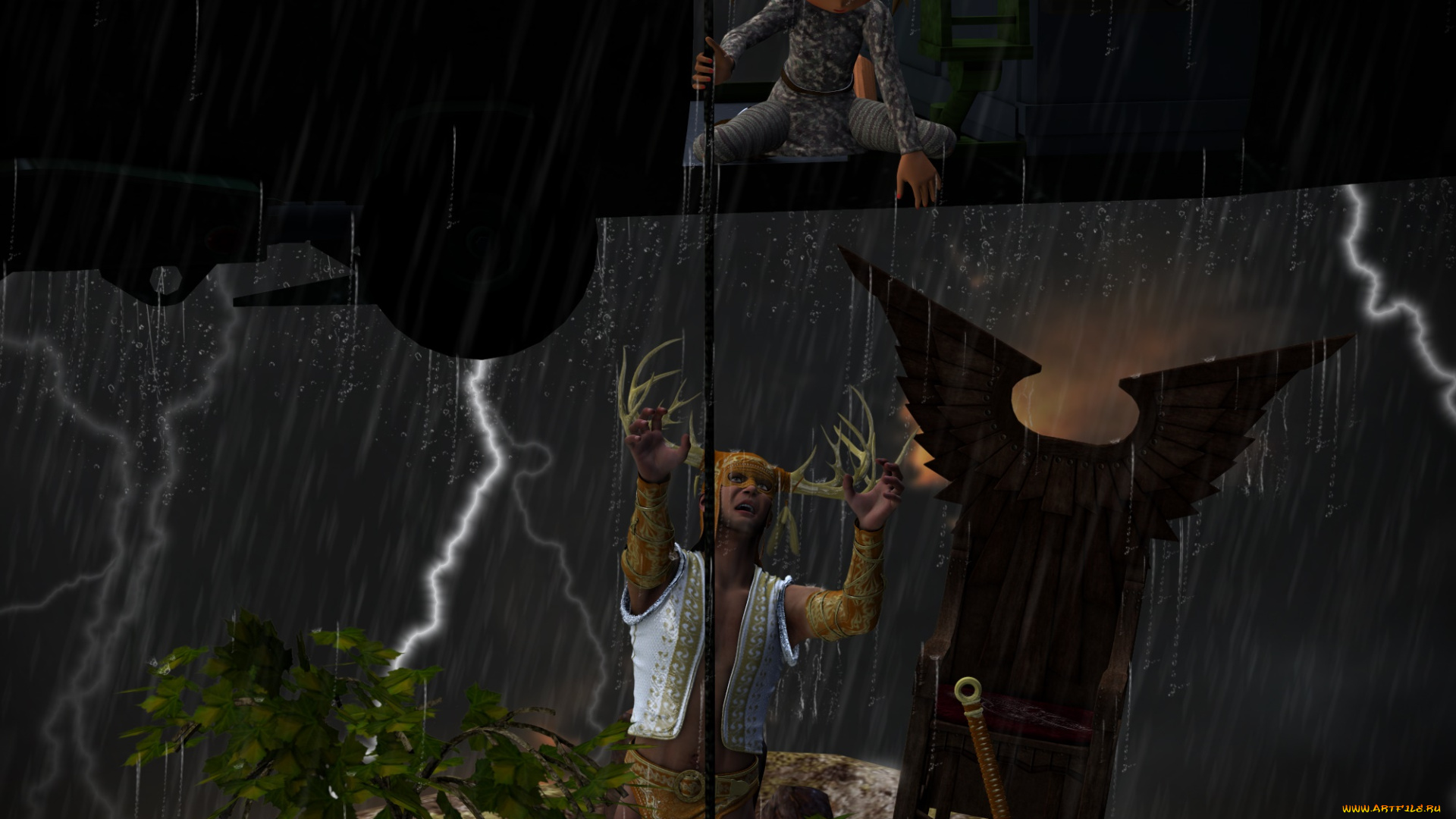 3д, графика, существа, , creatures, кастаника, взгляд, фон, мальчик, меч, молнии