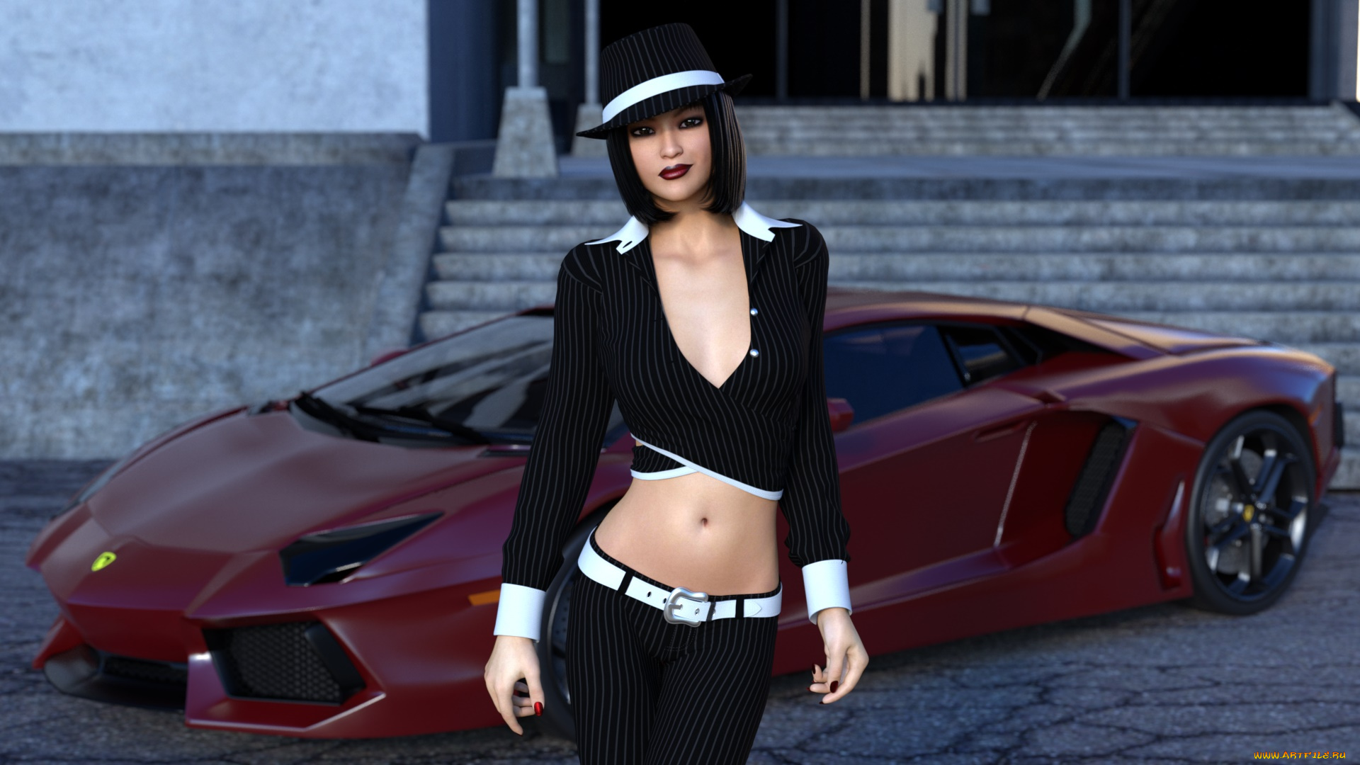 автомобили, 3d, car&girl, автомобиль, фон, взгляд, девушка