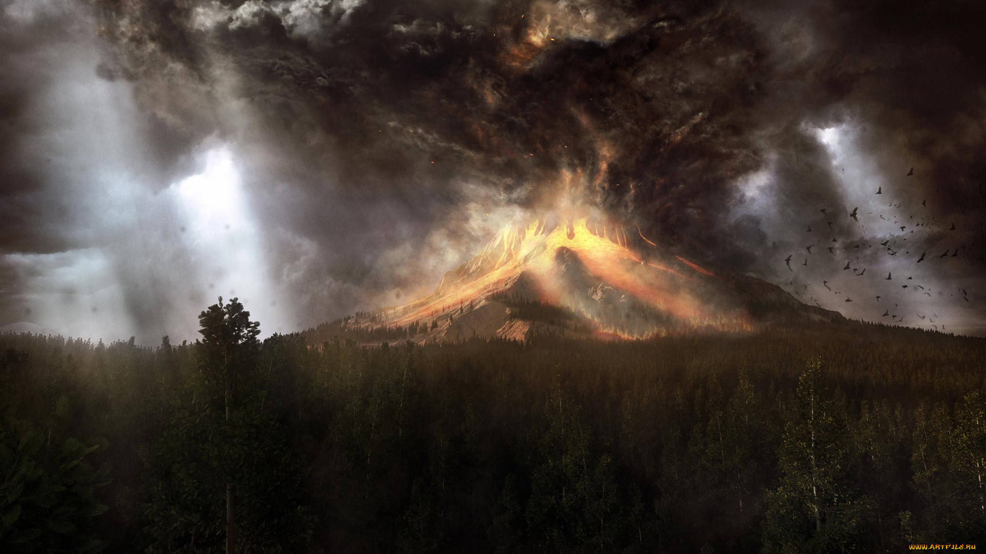 рисованное, природа, извержение, птицы, лава, стихия, лес, деревья, вулкан, стая