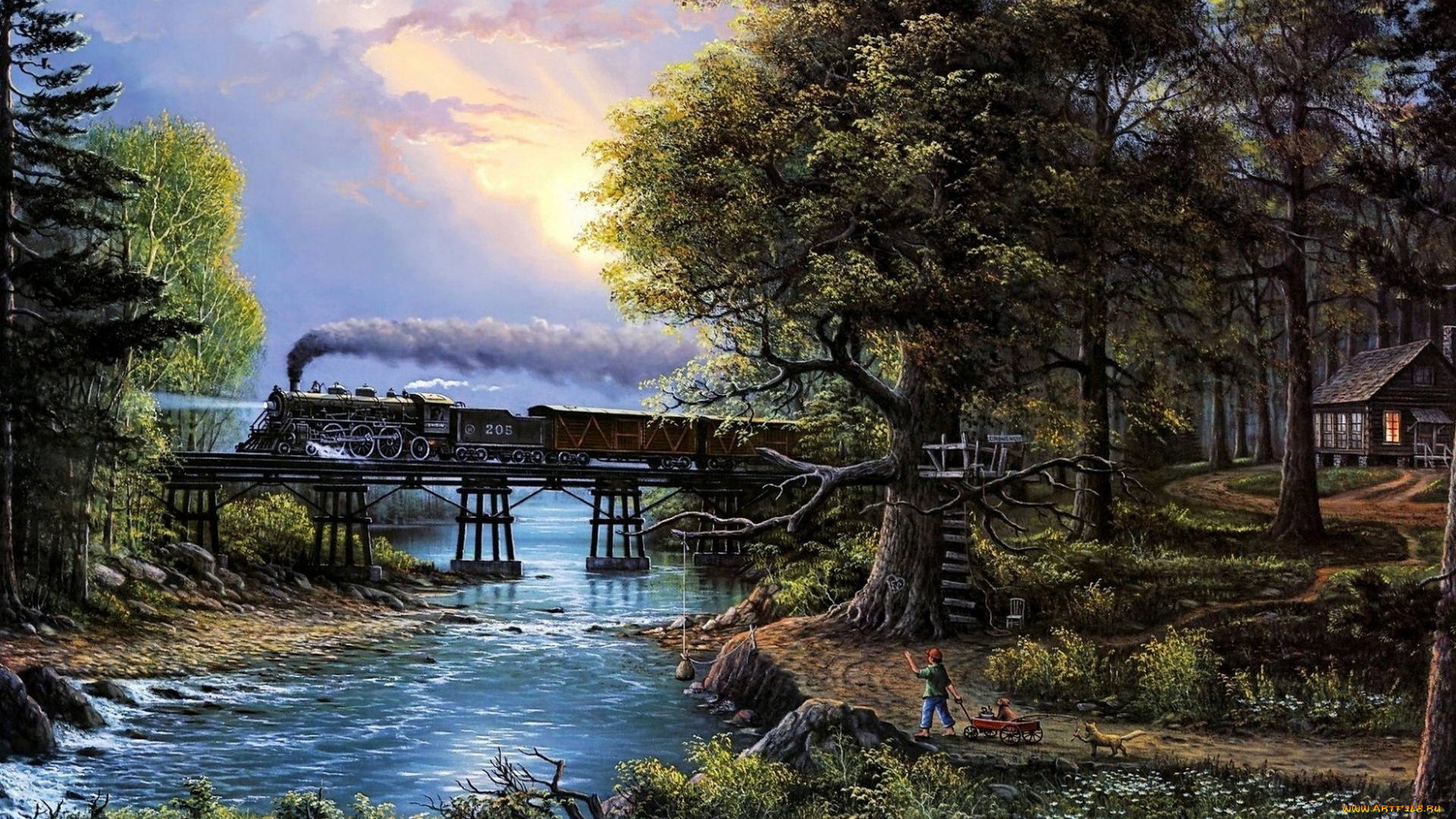 рисованное, живопись, небо, река, лес, паровоз