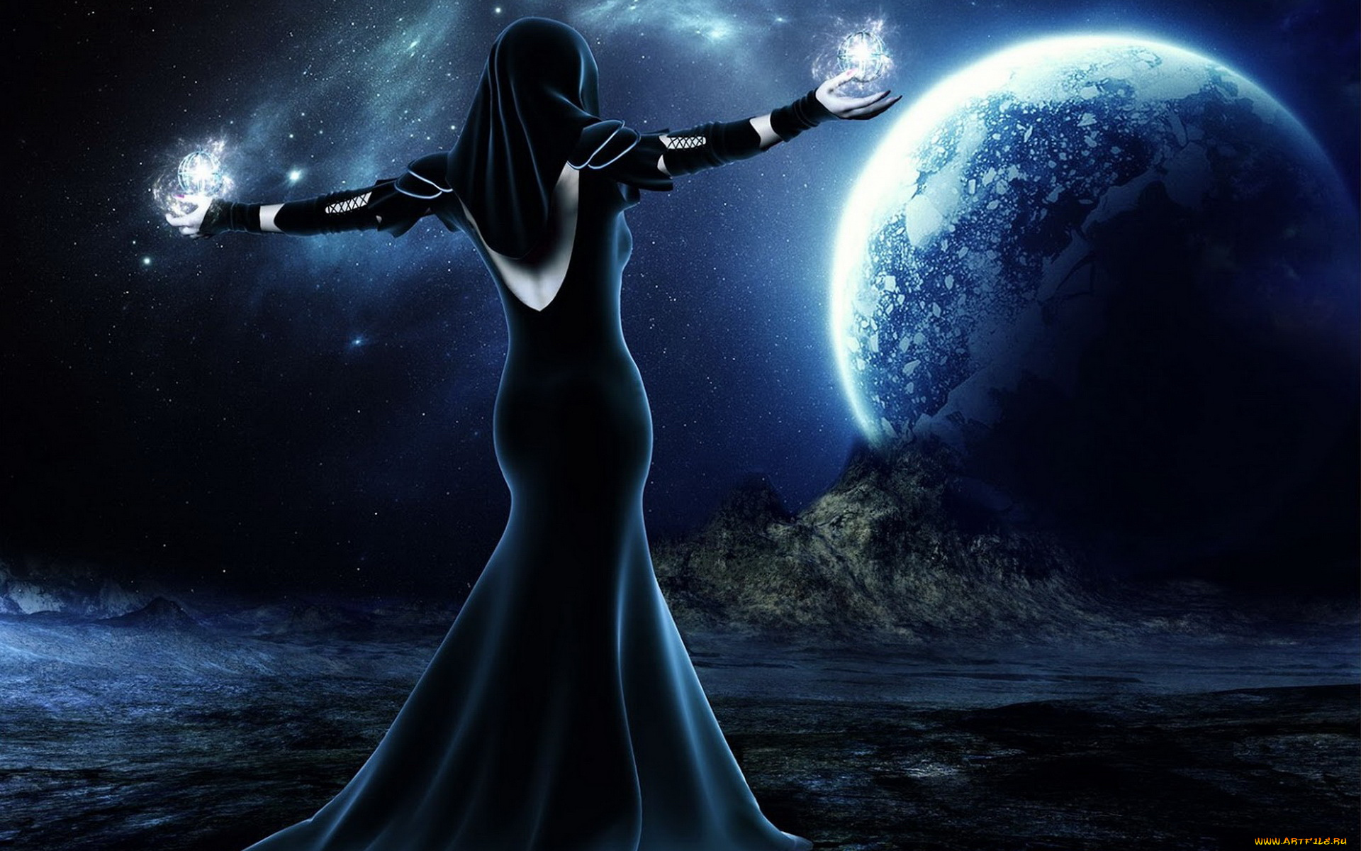 3д, графика, фантазия, , fantasy, девушка, магия, планета, взгляд, фон, поверхность