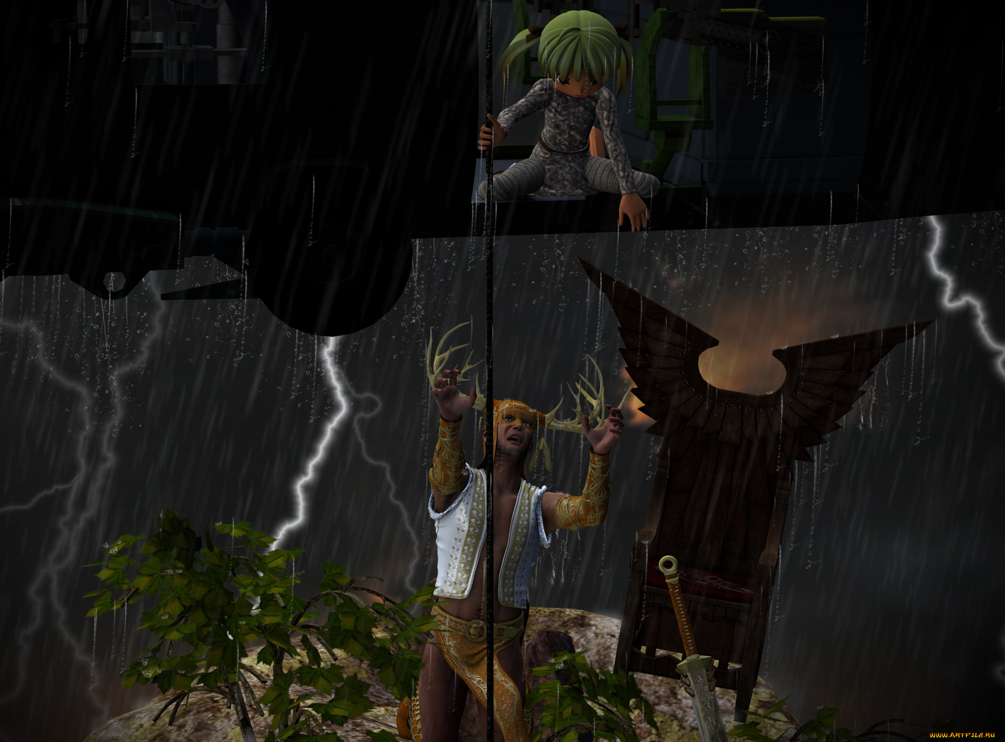 3д, графика, существа, , creatures, кастаника, взгляд, фон, мальчик, меч, молнии