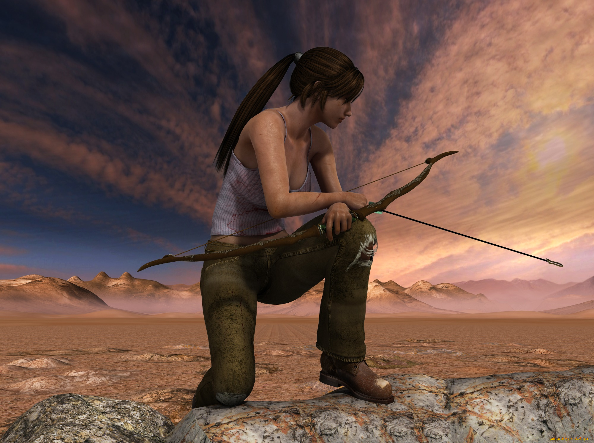 3д, графика, люди, , people, лук, фон, взгляд, девушка, холмы, пустыня