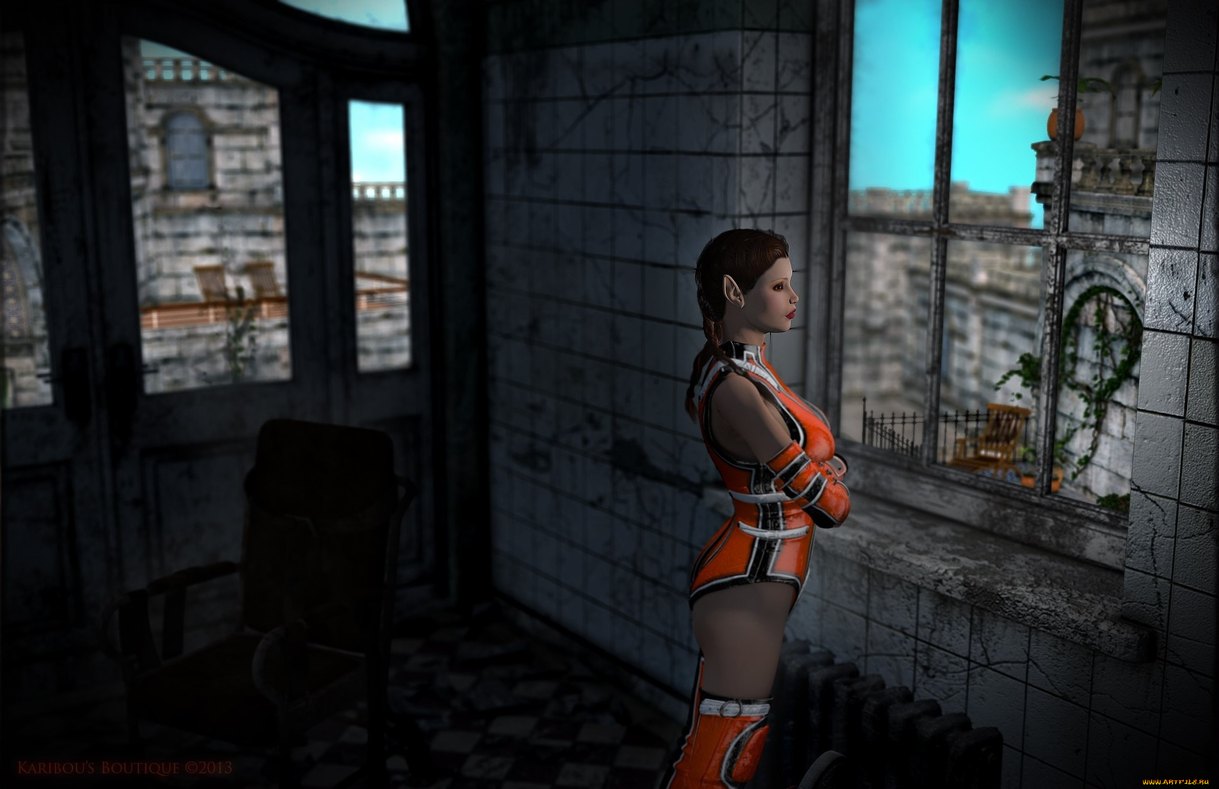 3д, графика, эльфы, , elves, эльфийка, взгляд, фон, окно