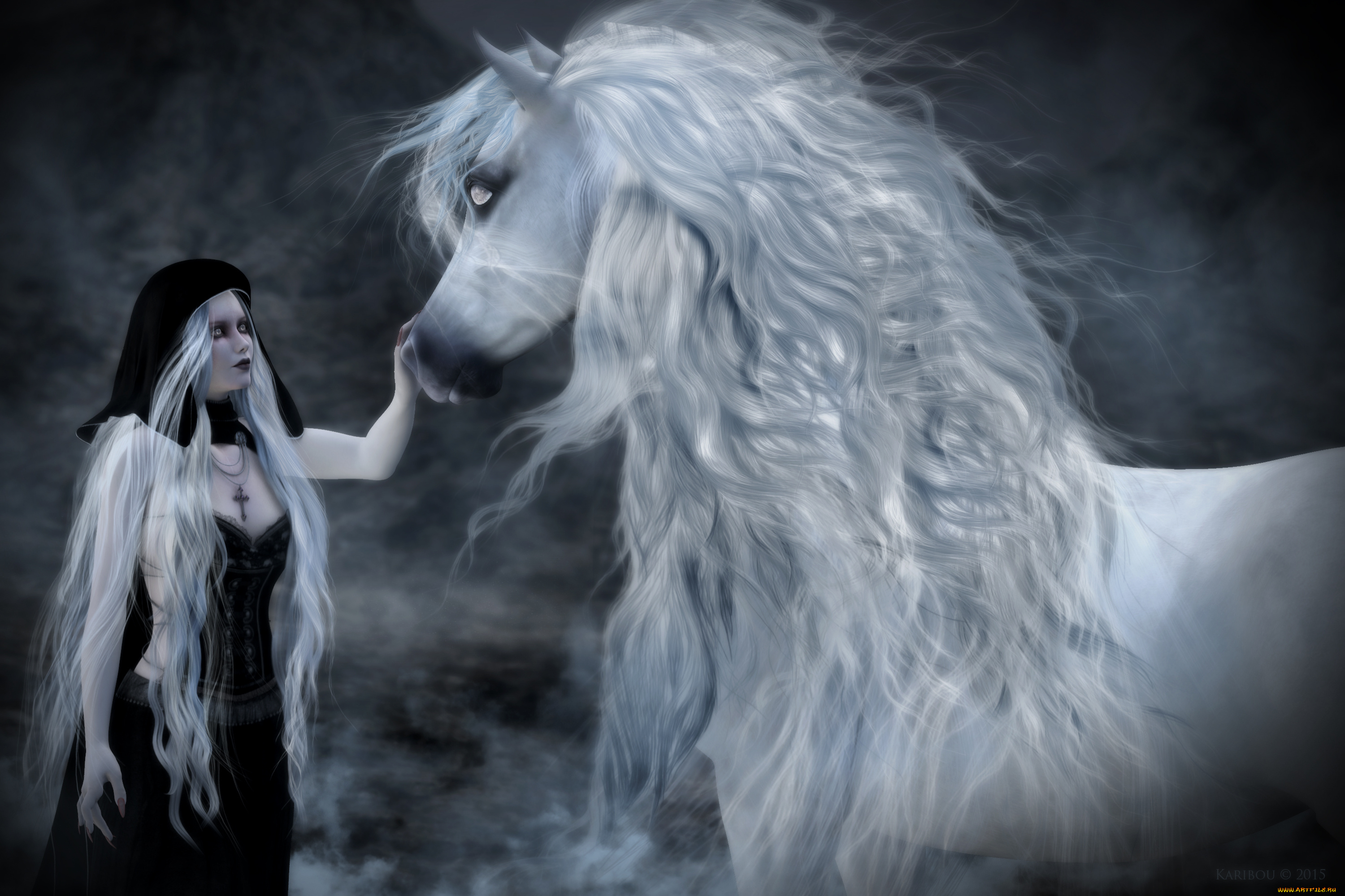 3д, графика, фантазия, , fantasy, лошадь, фон, взгляд, девушка