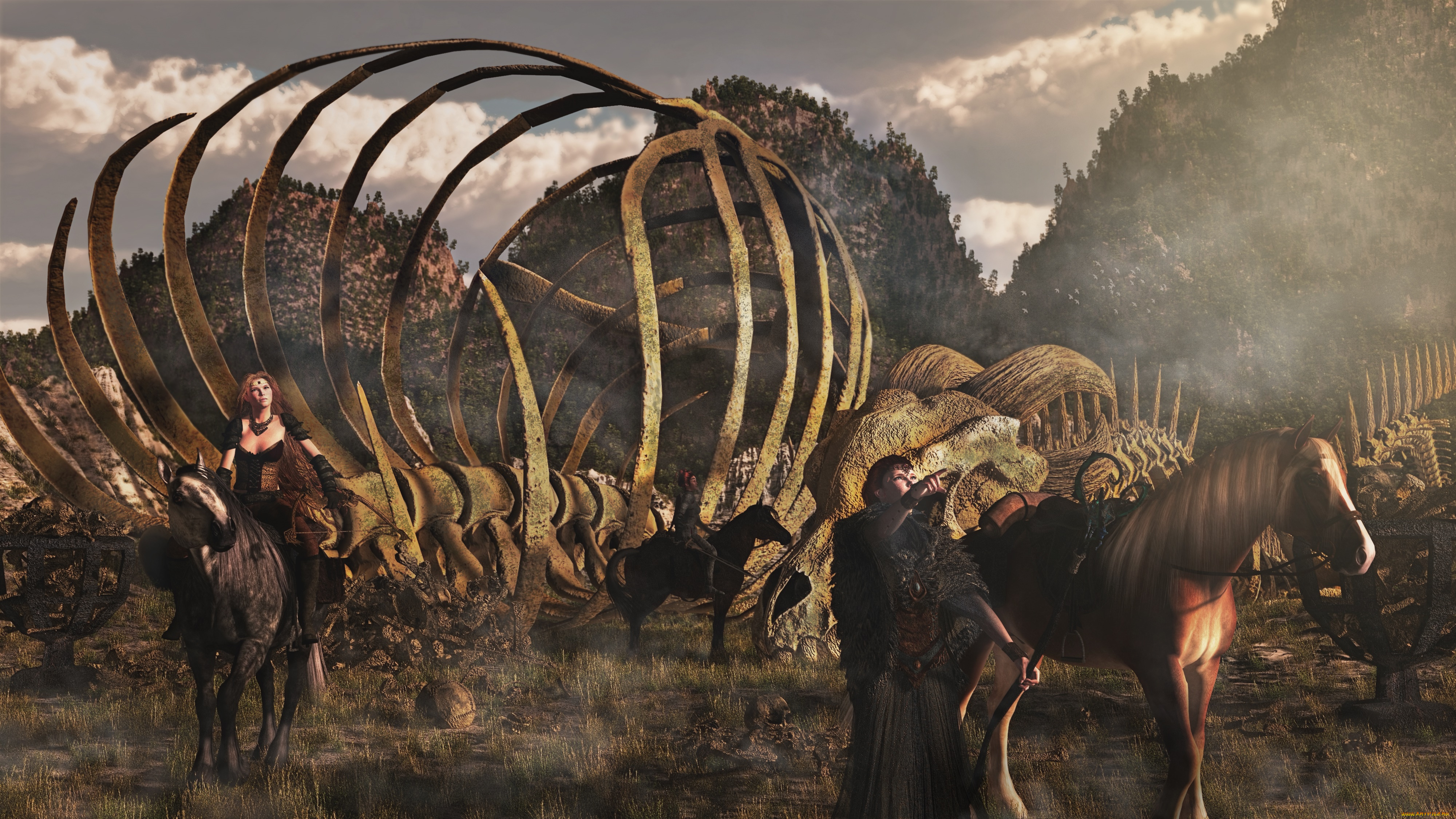 3д, графика, амазонки, , amazon, девушки, взгляд, фон, лошади, скелет, вершины, оружие