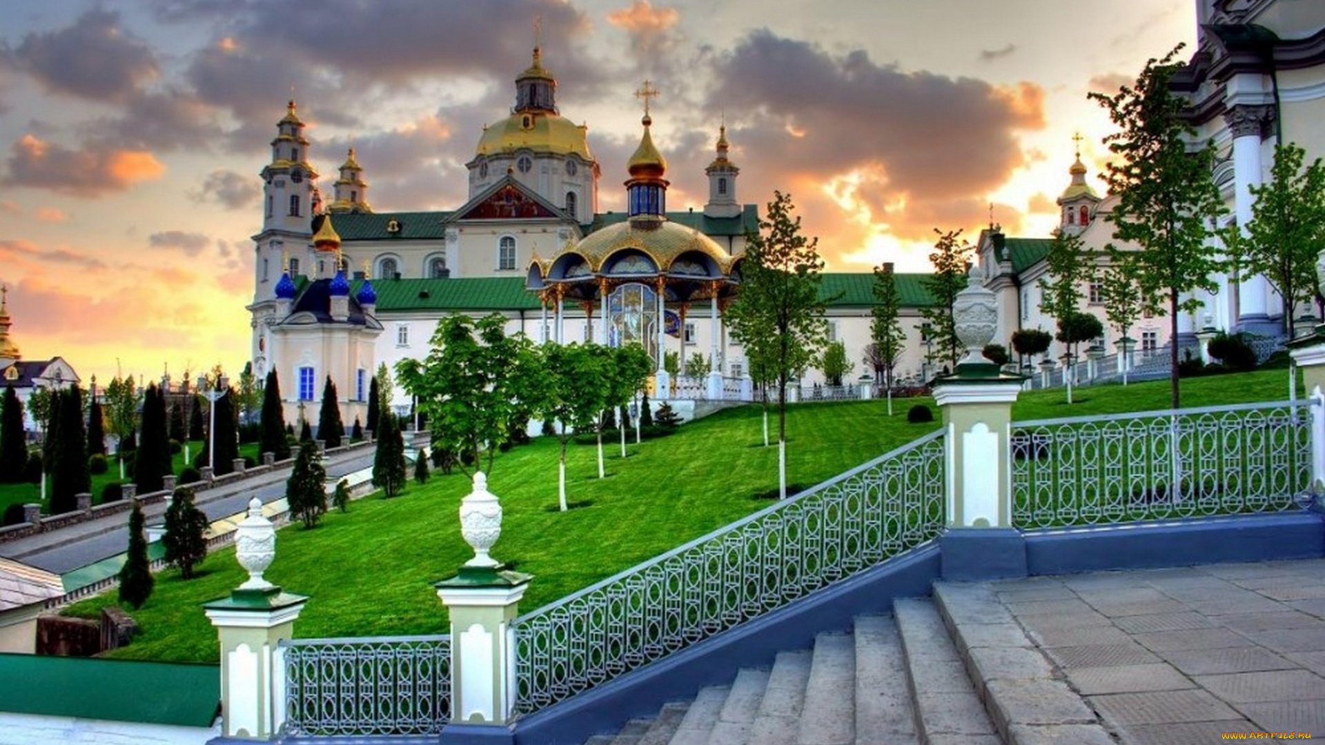 города, -, православные, церкви, , монастыри, облака, вечер, храм, православный, монастырь, свято, успенская, почаевская, лавра, почаев, западная, украина