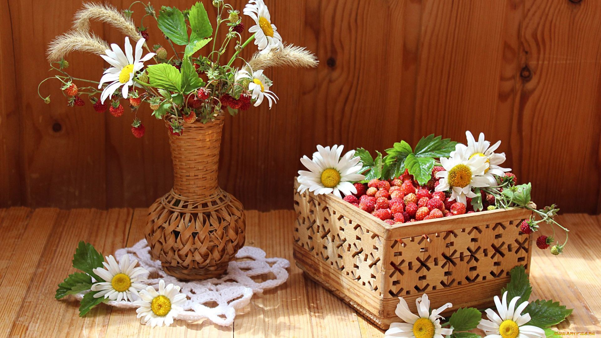 еда, клубника, , земляника, лето, земляника, ягоды, цветы, полевые, ромашки, натюрморт