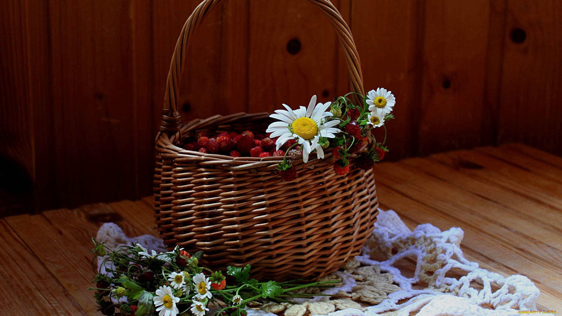 еда, клубника, , земляника, ромашки, цветы, ягоды, натюрморт, лето, корзина, земляника