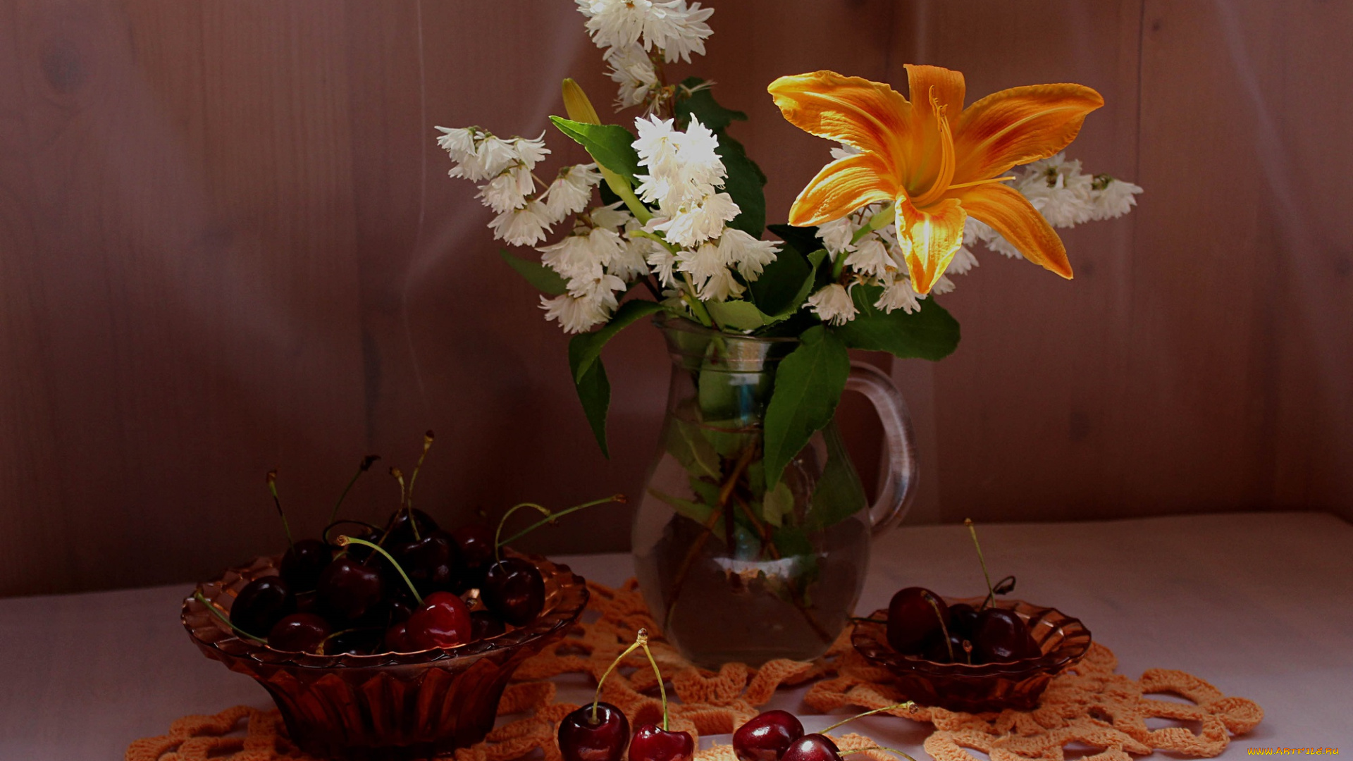 еда, натюрморт, черешня, цветы, фрукты, лилейник, дейция, букет