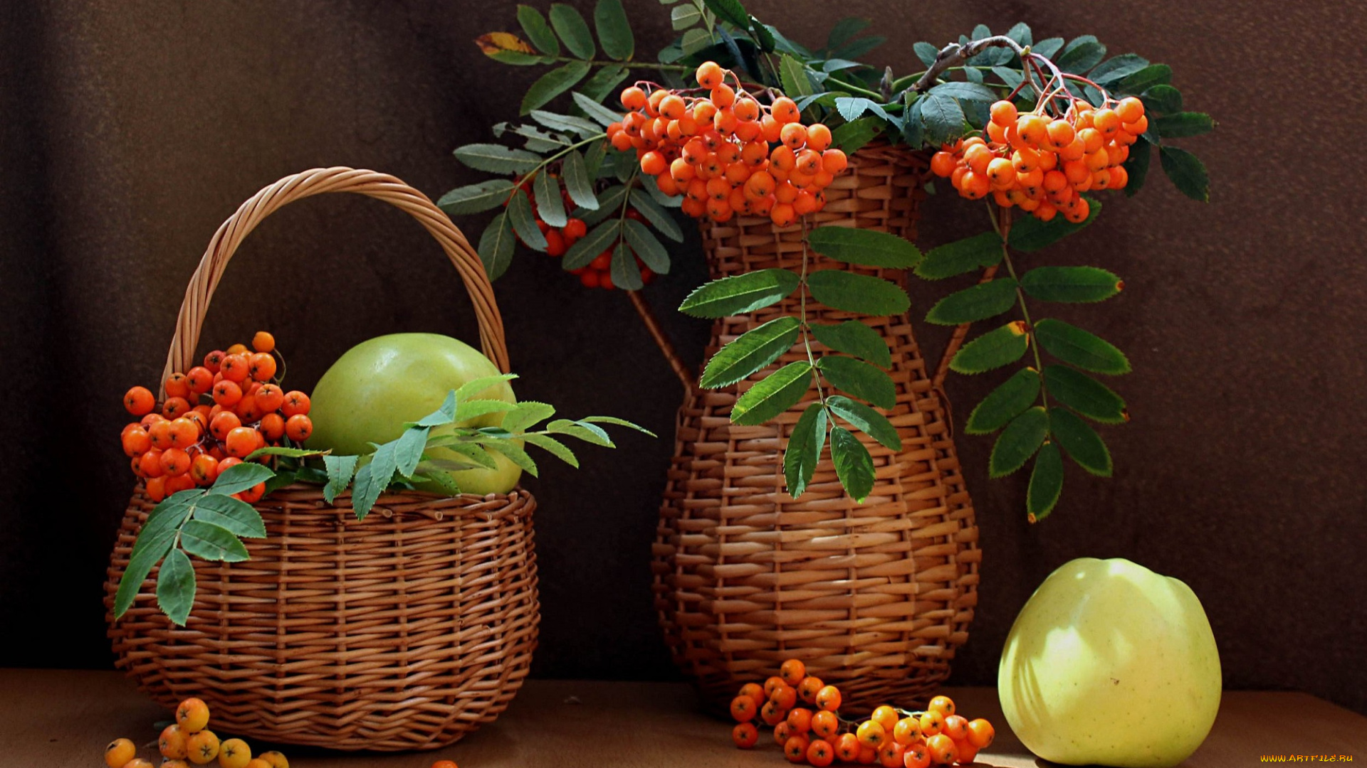 еда, натюрморт, ягоды, яблоки, фрукты, рябина, лето