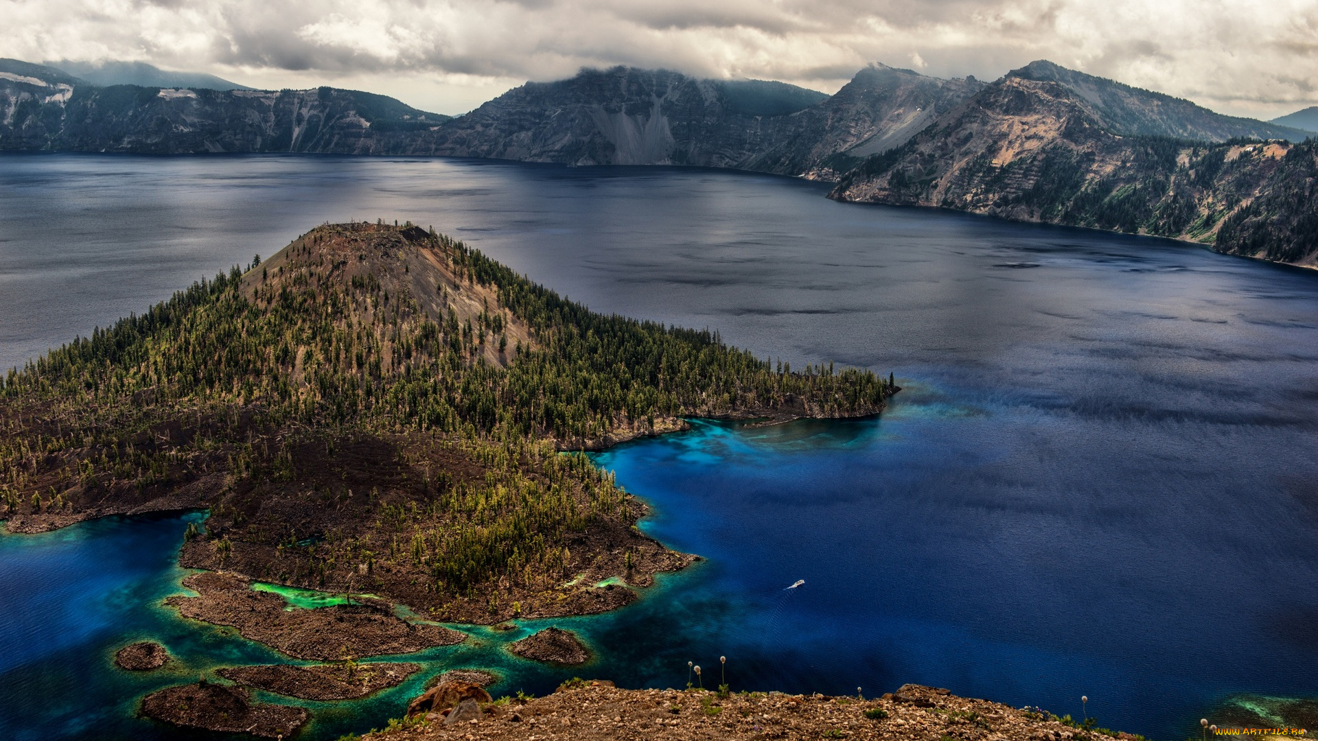 природа, побережье, водоем, облака, горы, холмы