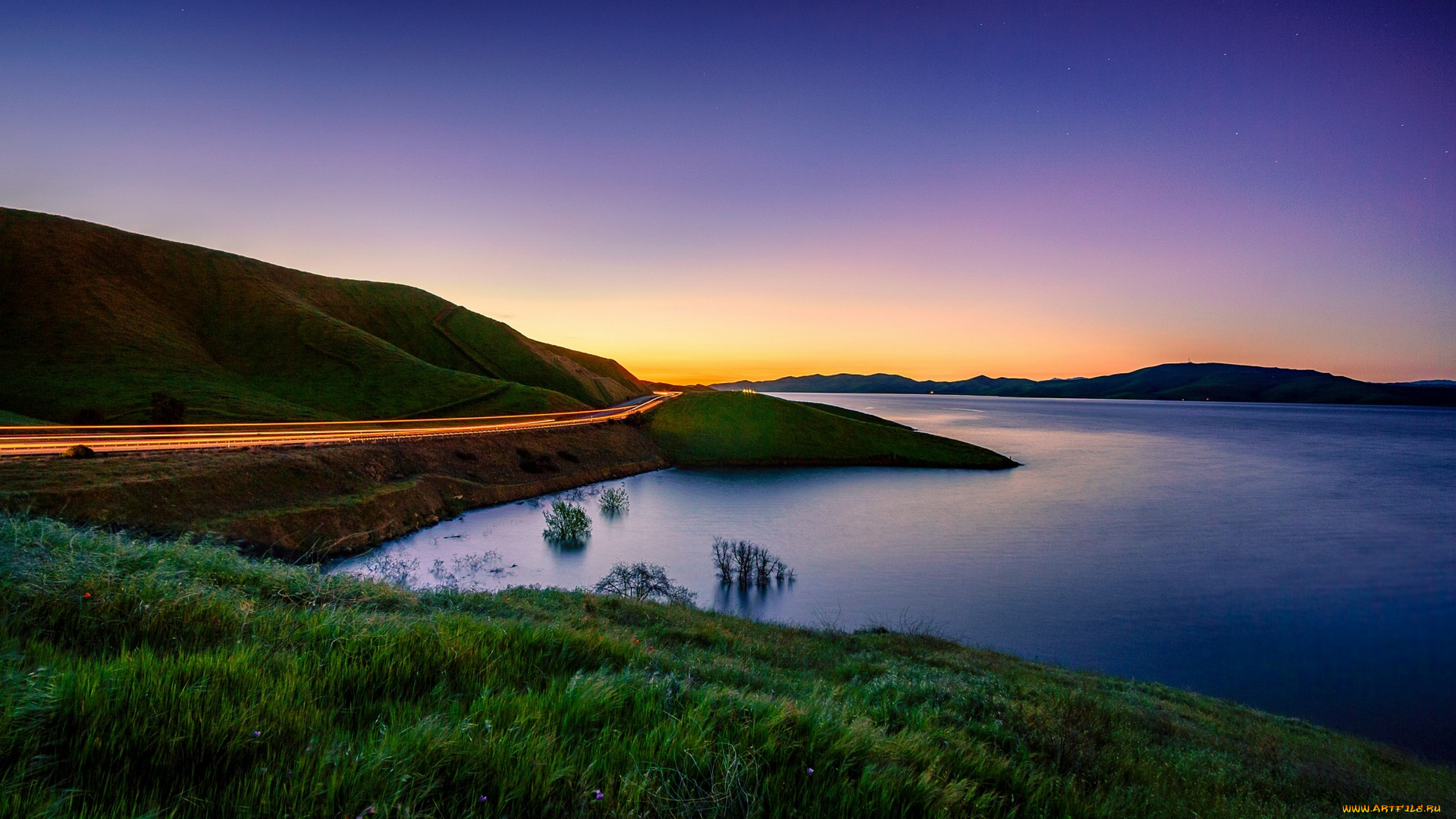 природа, реки, озера, иллюминация, трава, водоем, холмы