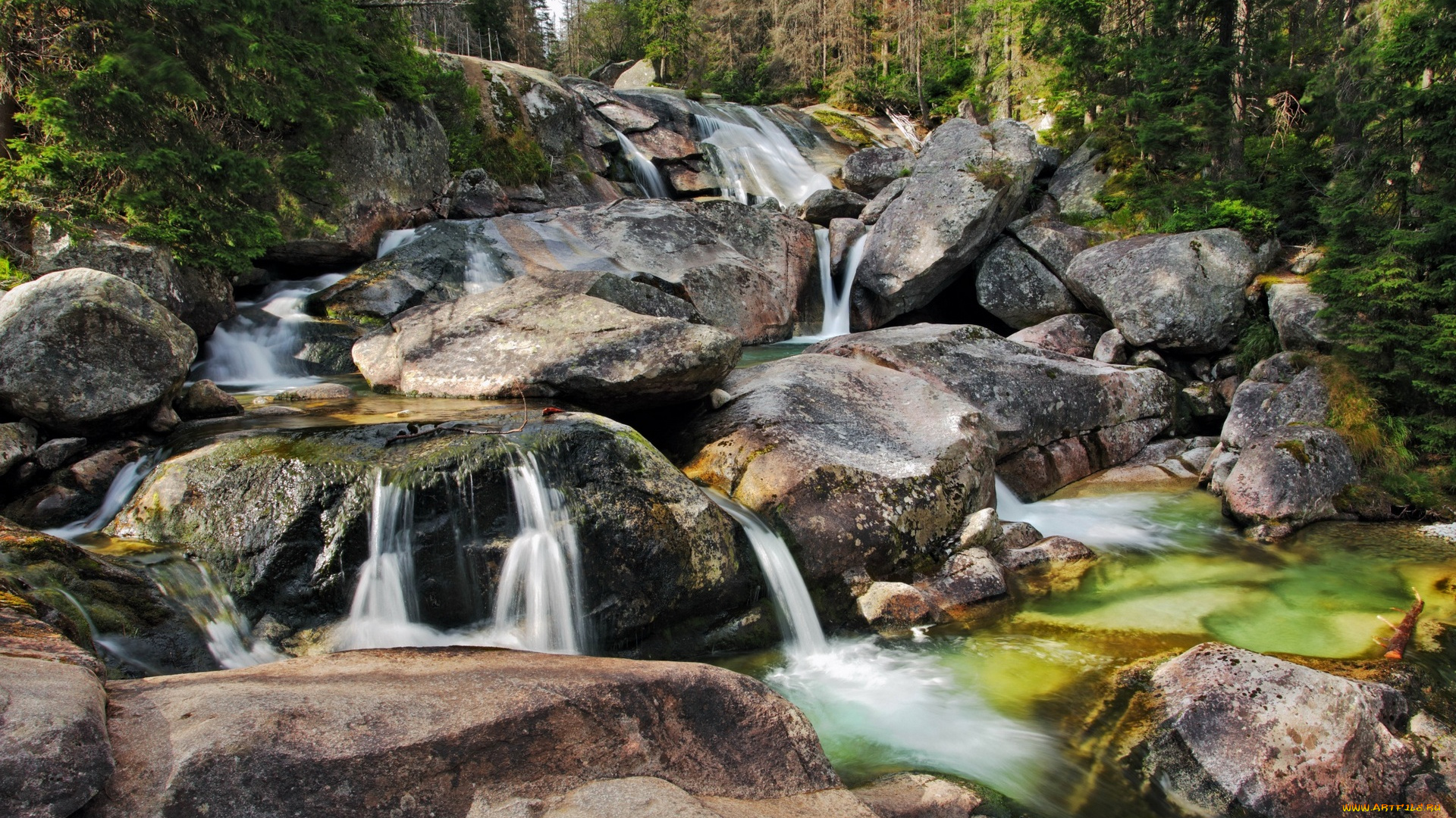 природа, водопады, камни, деревья