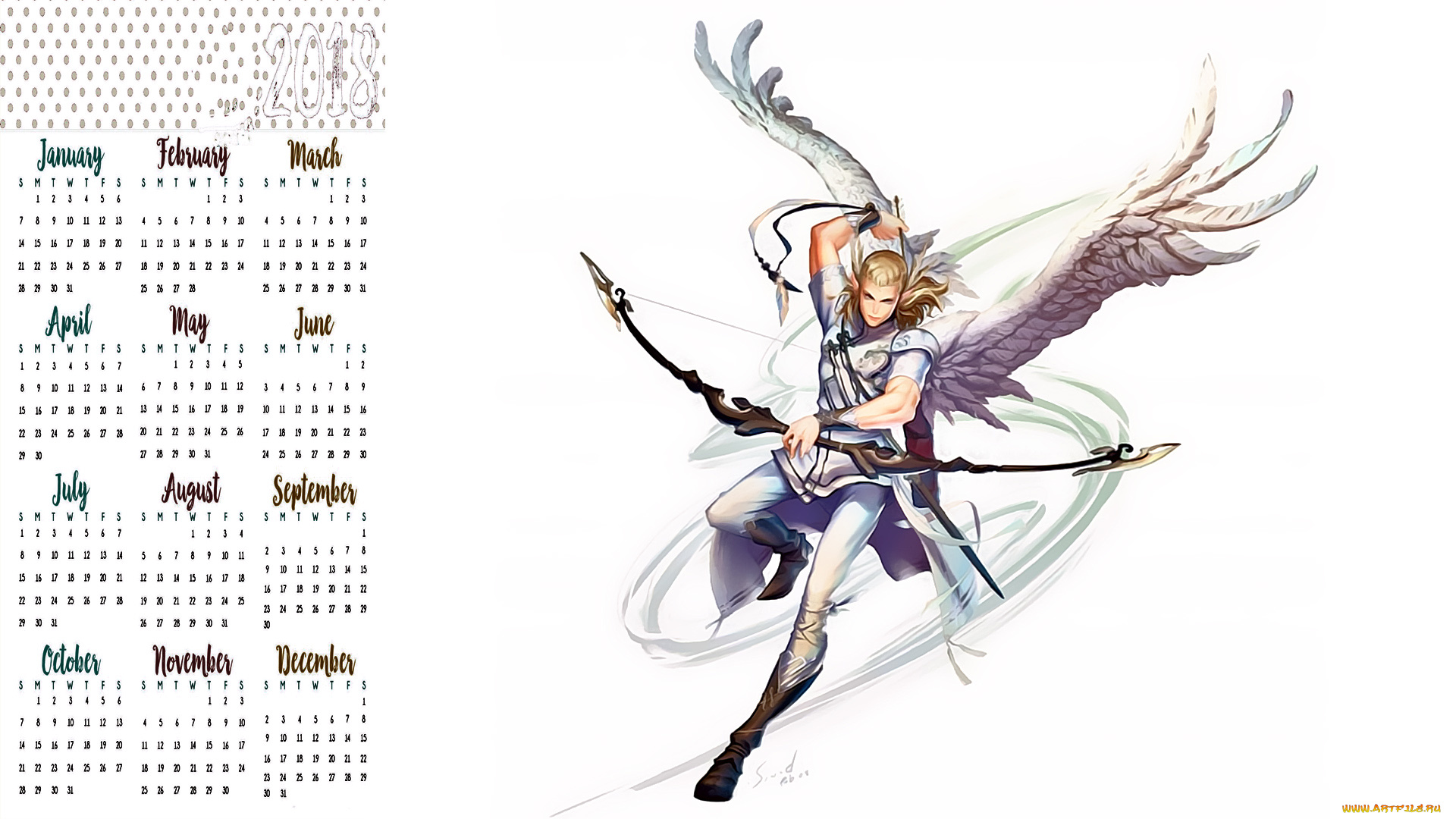 календари, фэнтези, оружие, крылья, лук, мужчина
