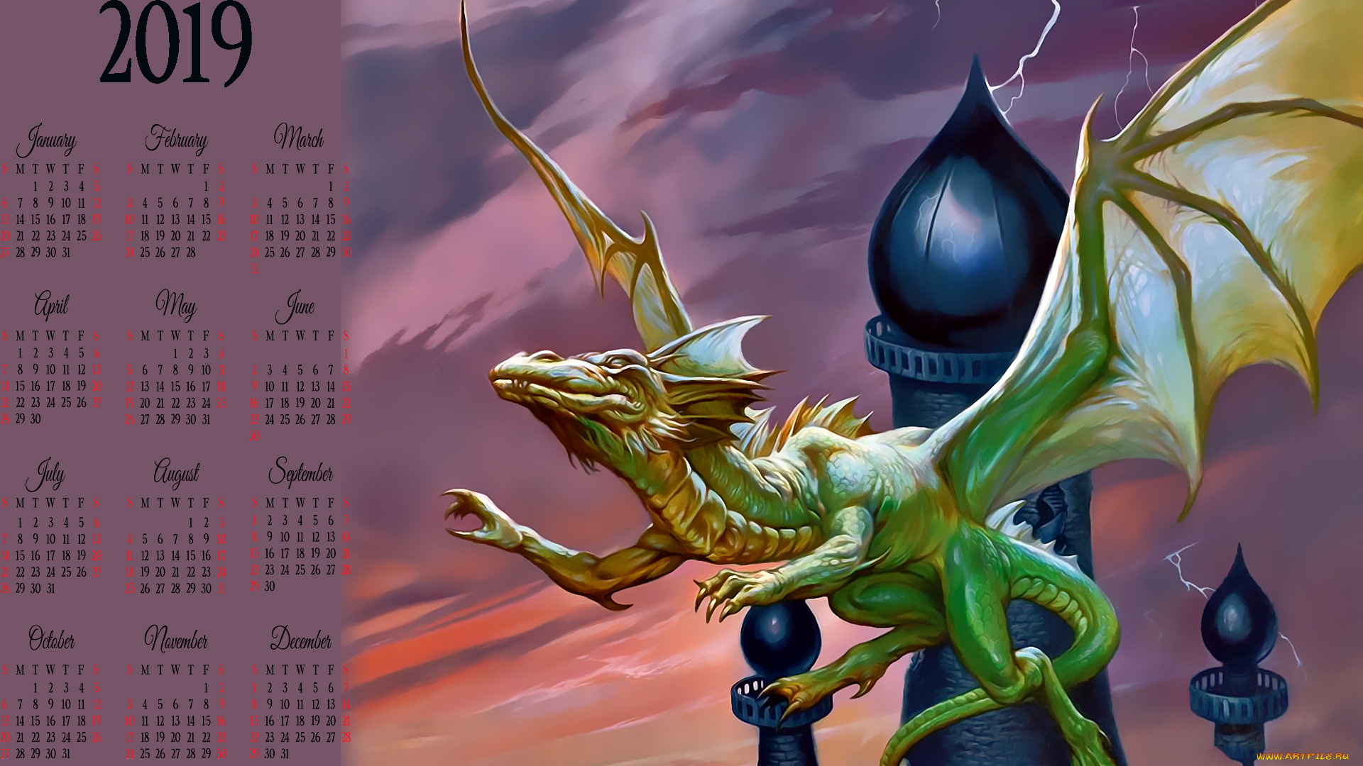 календари, фэнтези, дракон, башня, крылья, 2019, calendar, полет