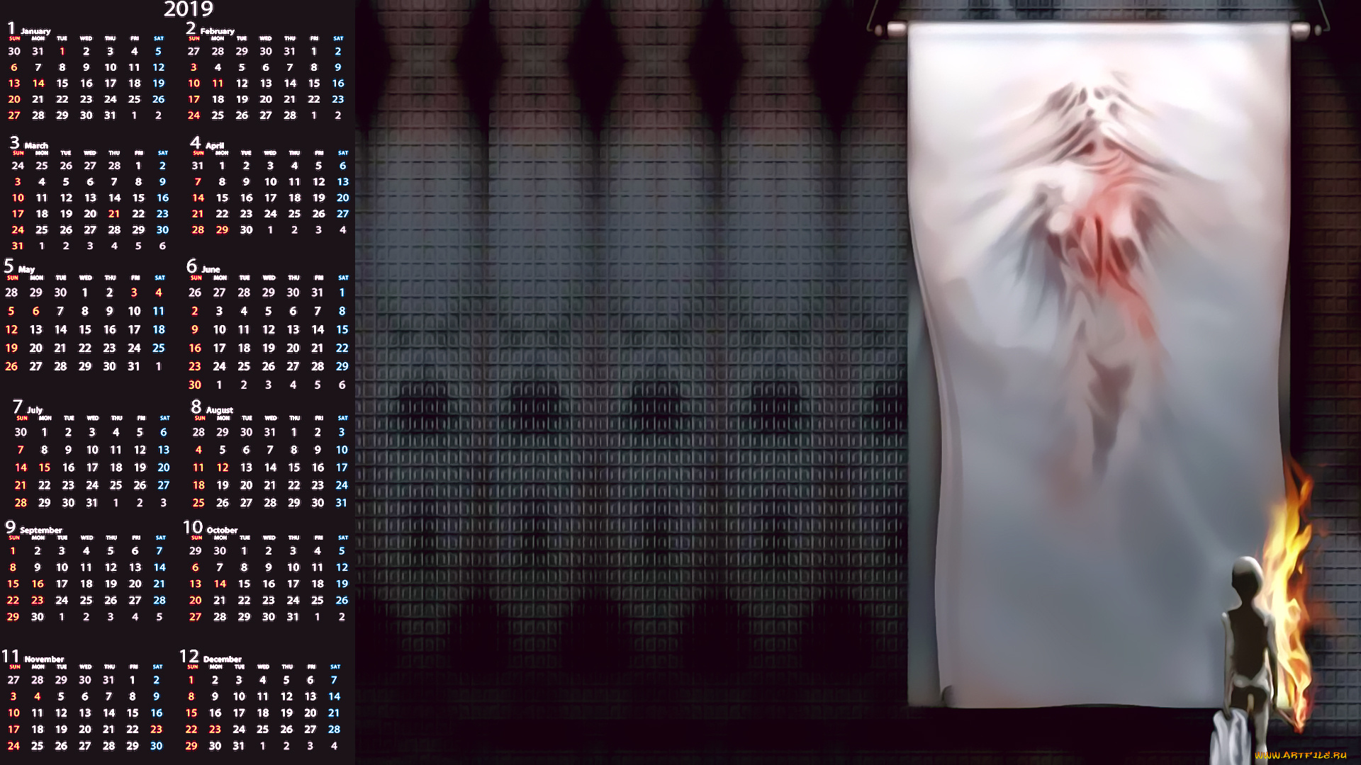 календари, фэнтези, ткань, полотно, пламя, силуэт, девушка, calendar, 2019
