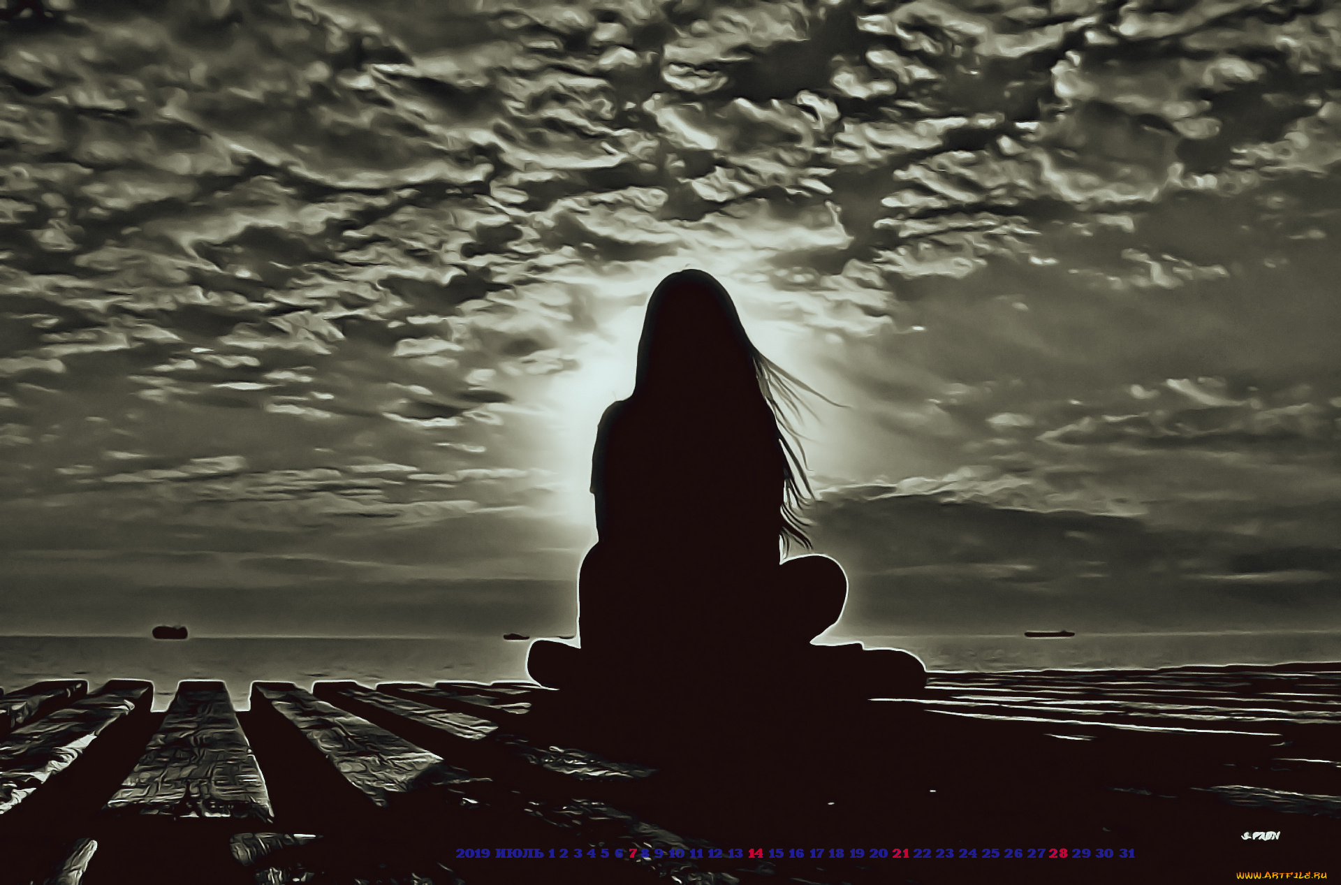 календари, компьютерный, дизайн, водоем, силуэт, девушка, закат, 2019, calendar