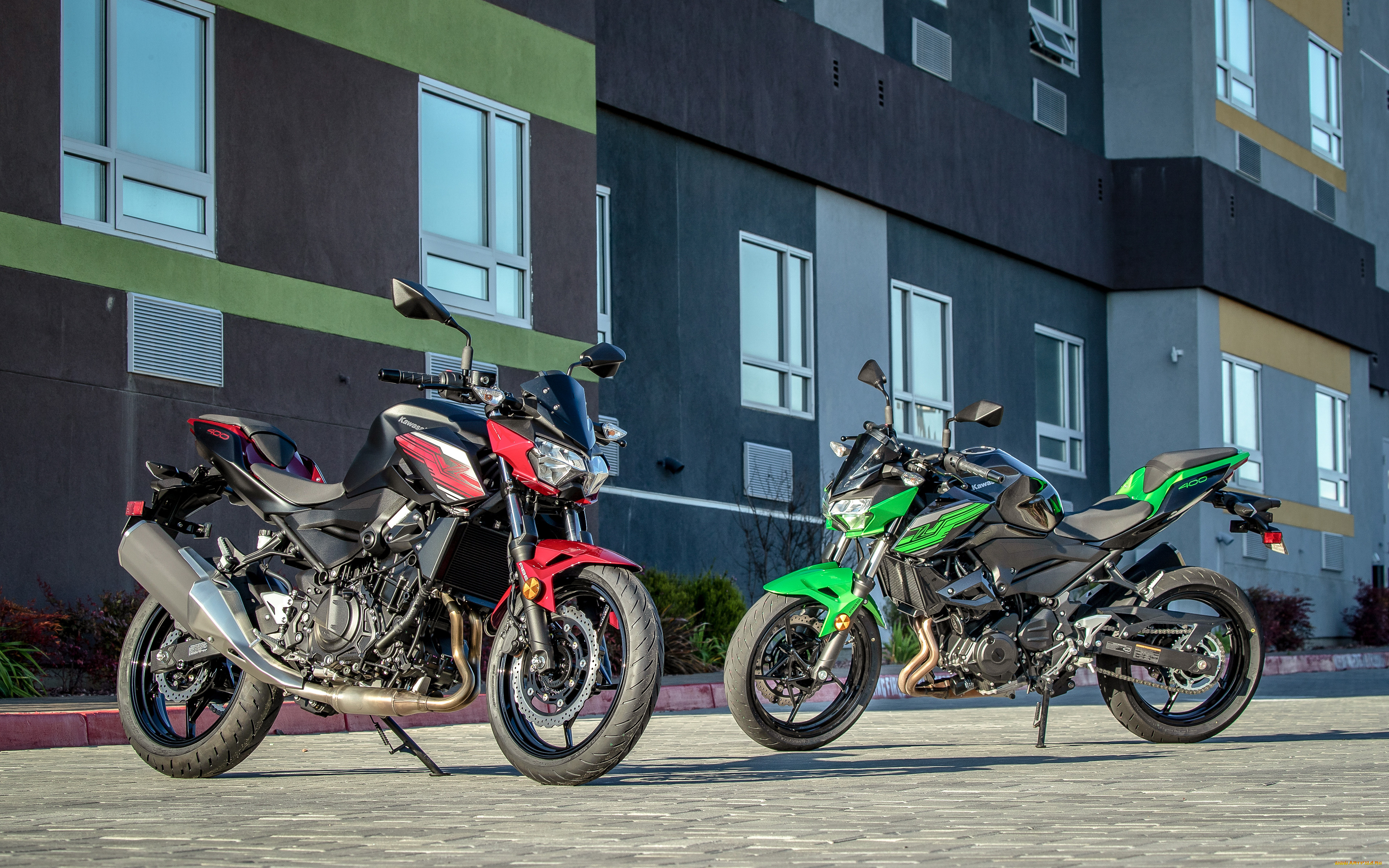 2019, kawasaki, z400, мотоциклы, kawasaki, японские, z400, парковка, 2019, два, мотоцикла