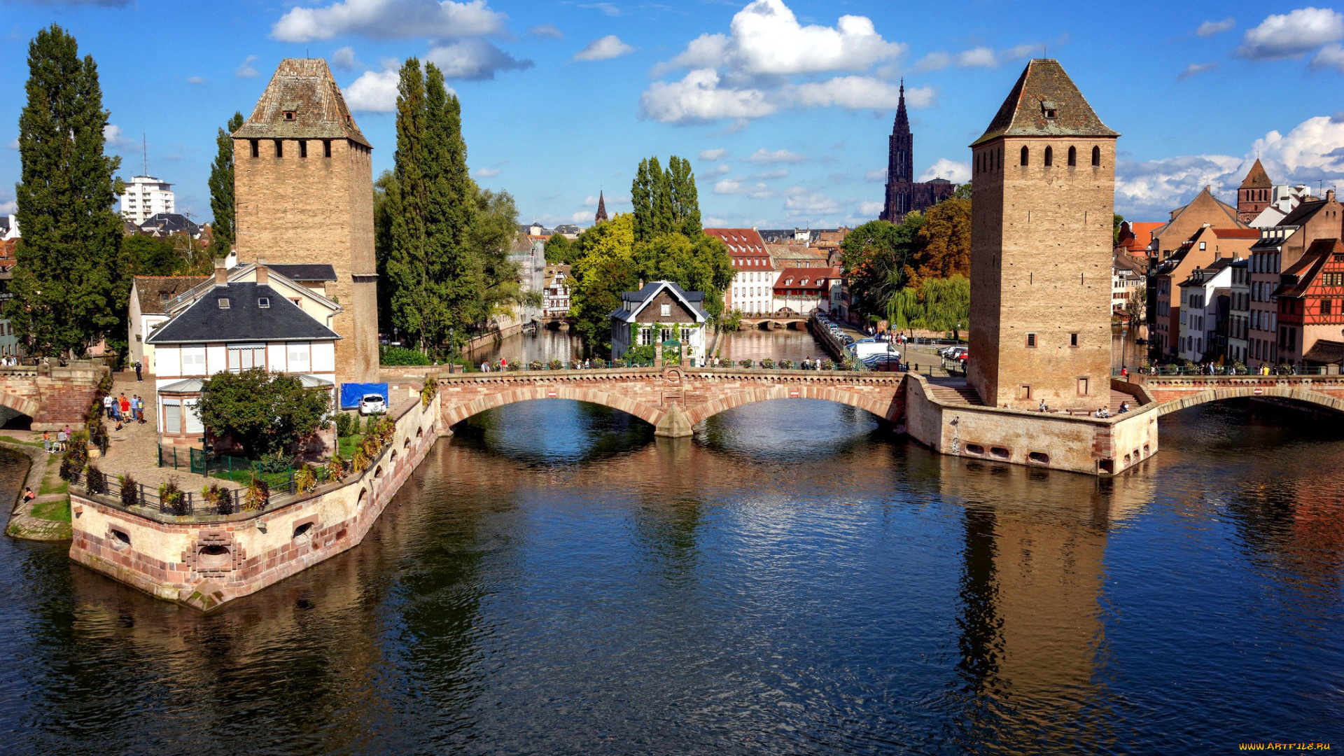 города, страсбург, , франция, канал, башни
