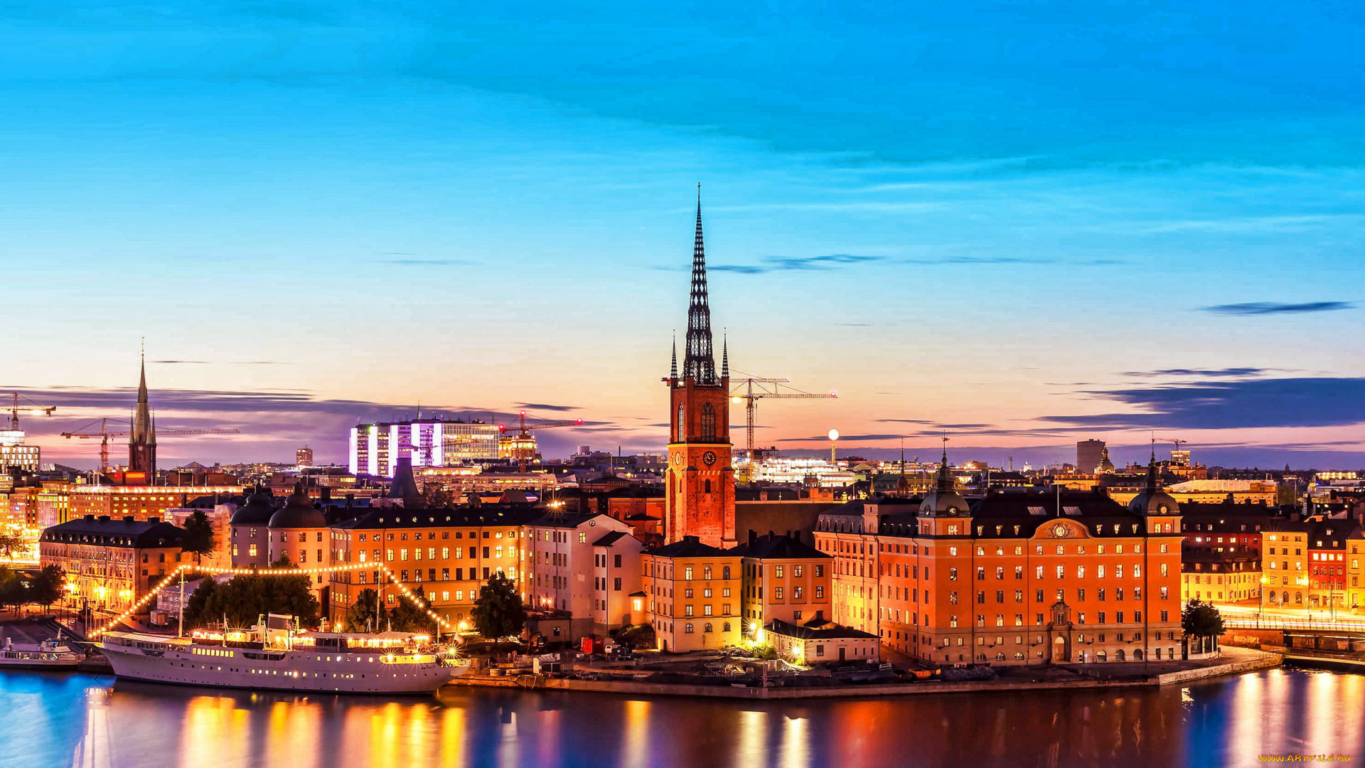 города, стокгольм, , швеция, вечер, огни, панорама