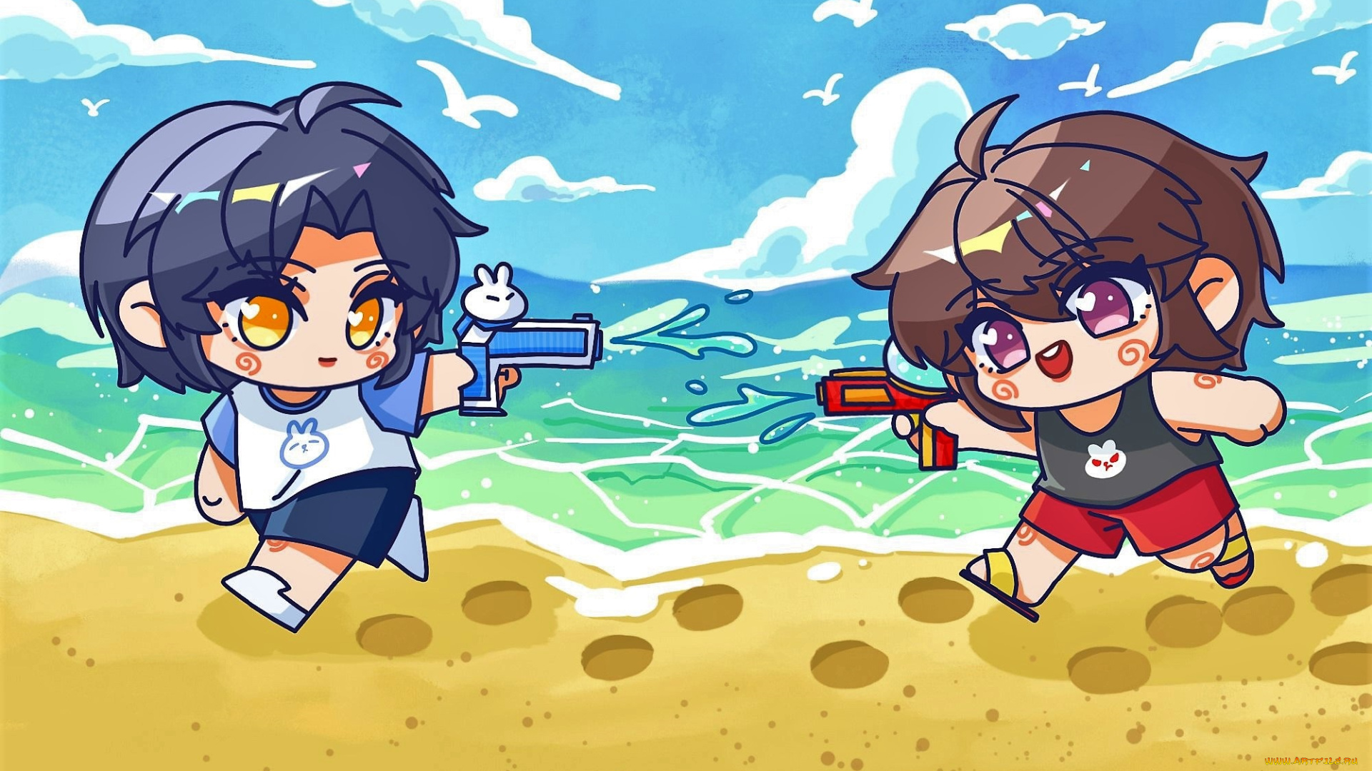 рисованное, дети, ван, ибо, сяо, чжань, чиби, море, пистолеты