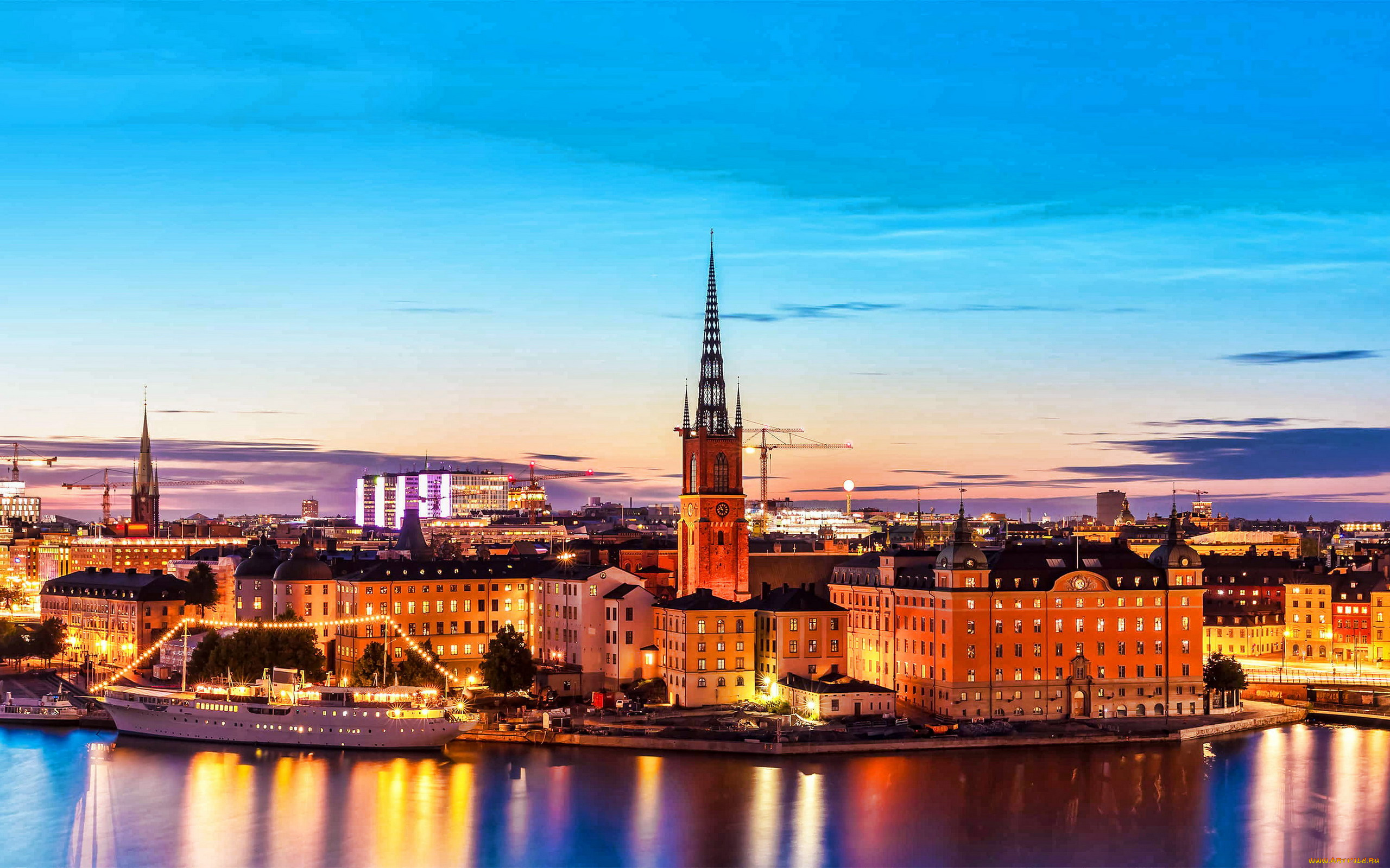 города, стокгольм, , швеция, вечер, огни, панорама