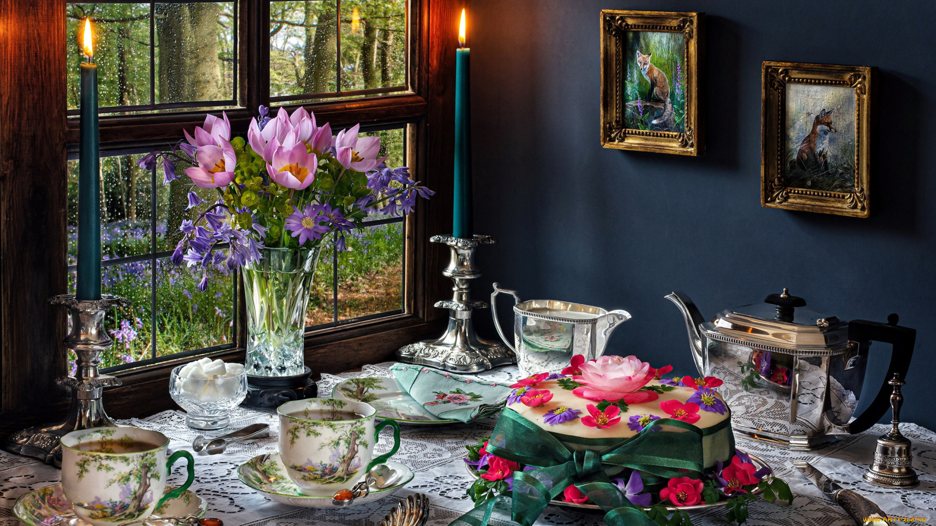 еда, натюрморт, свечи, чай, букет, торт, колокольчик