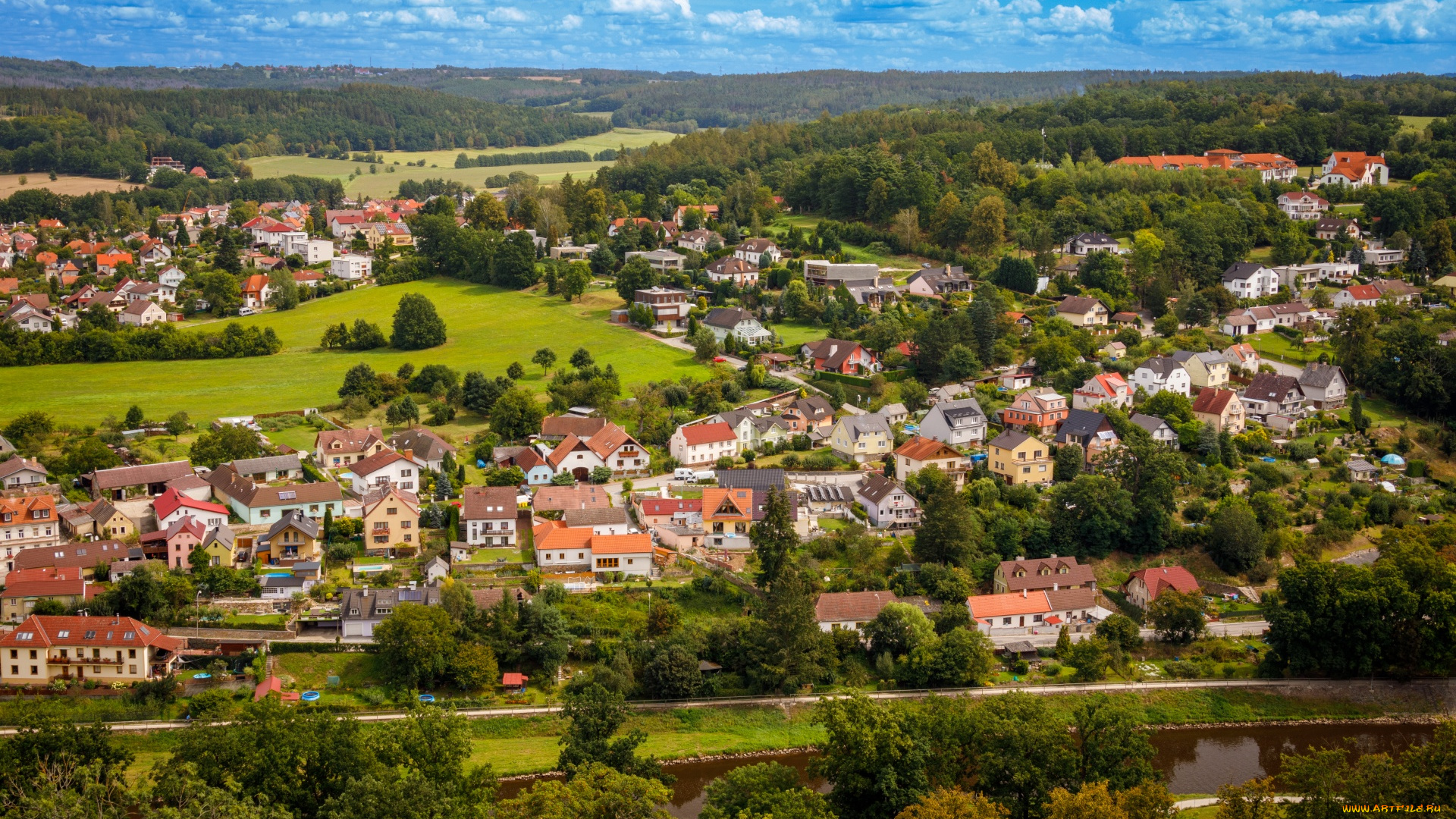 города, -, панорамы, река, город, панорама, лето