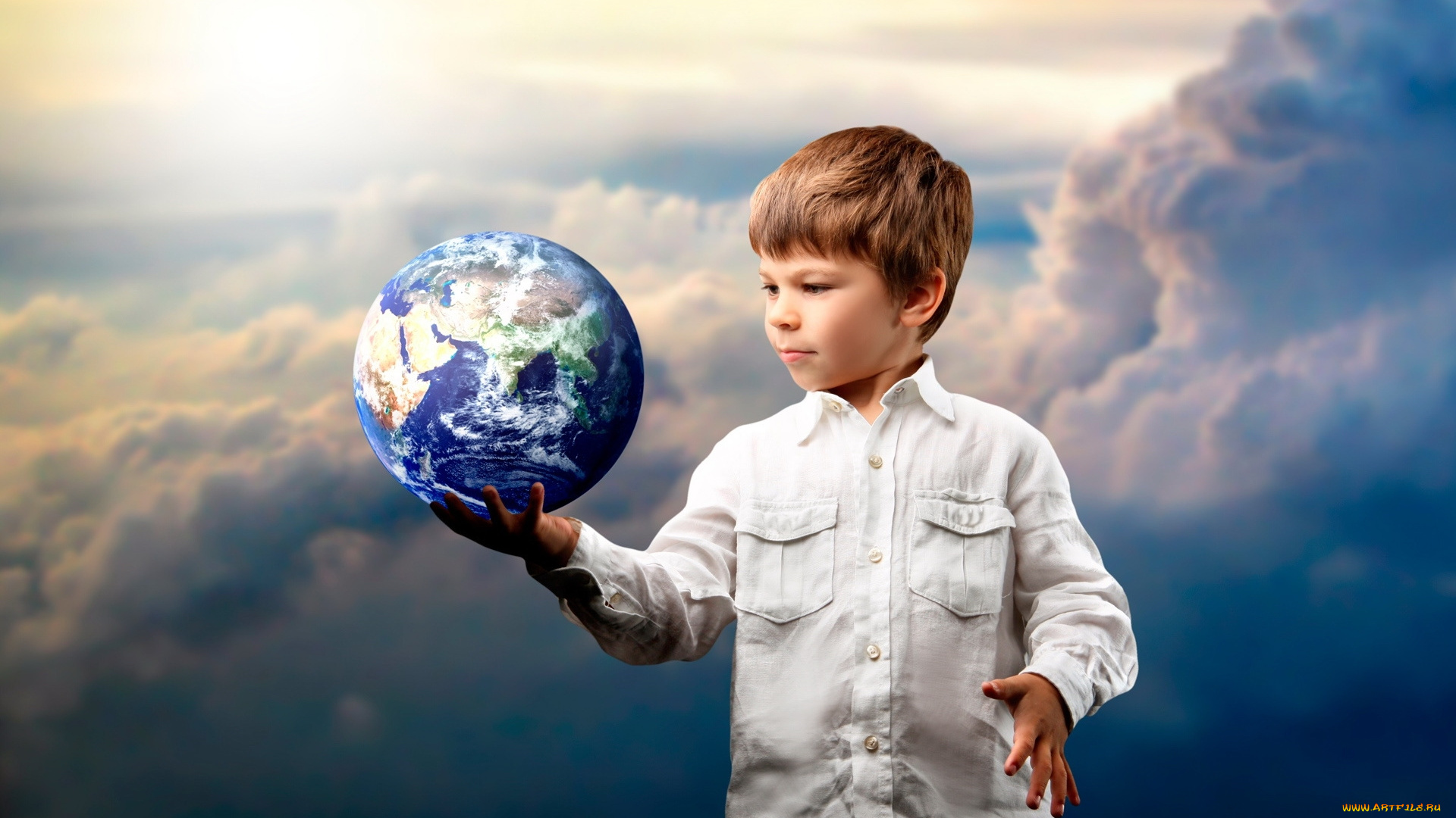 разное, компьютерный, дизайн, мальчик, облака, планета