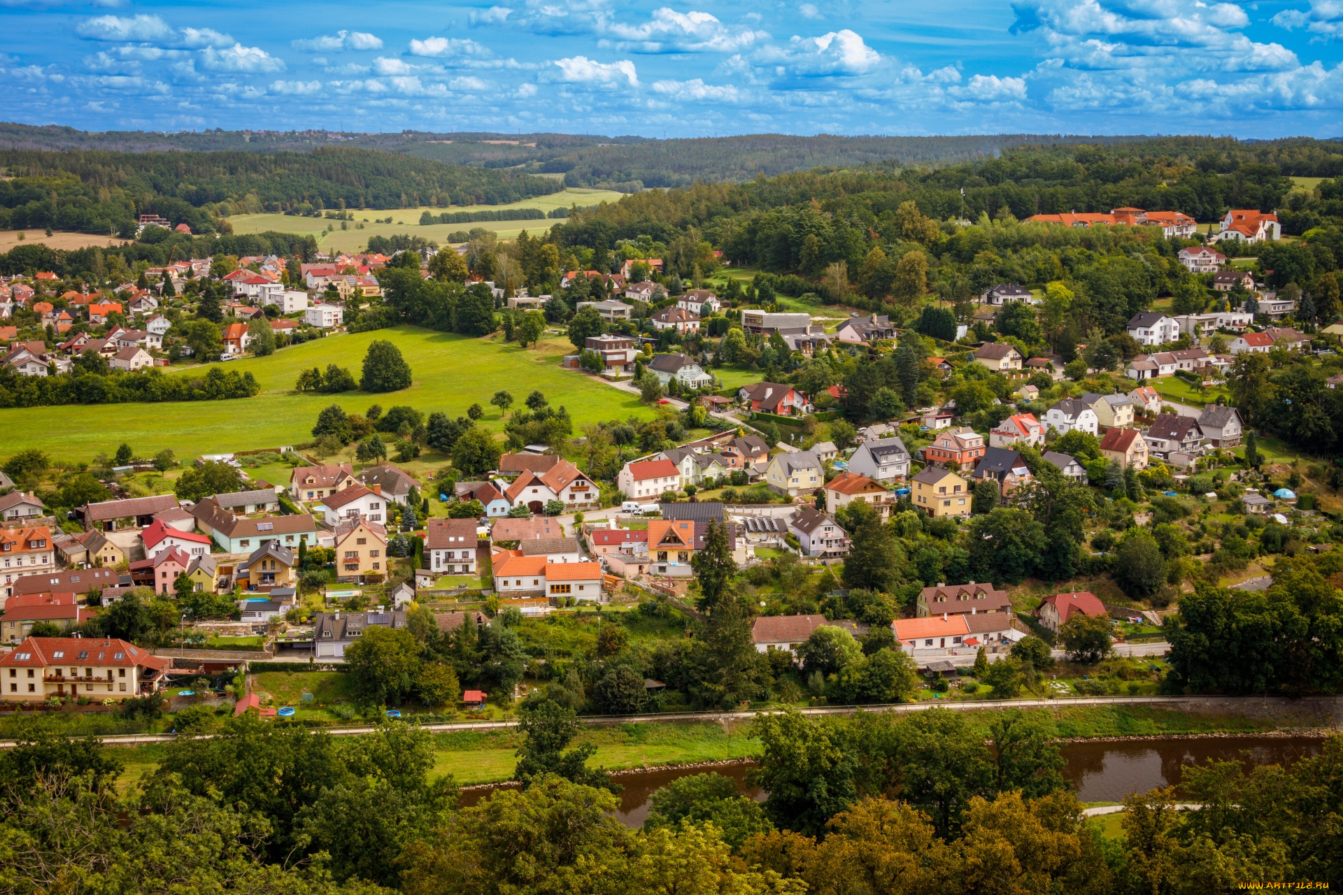 города, -, панорамы, река, город, панорама, лето