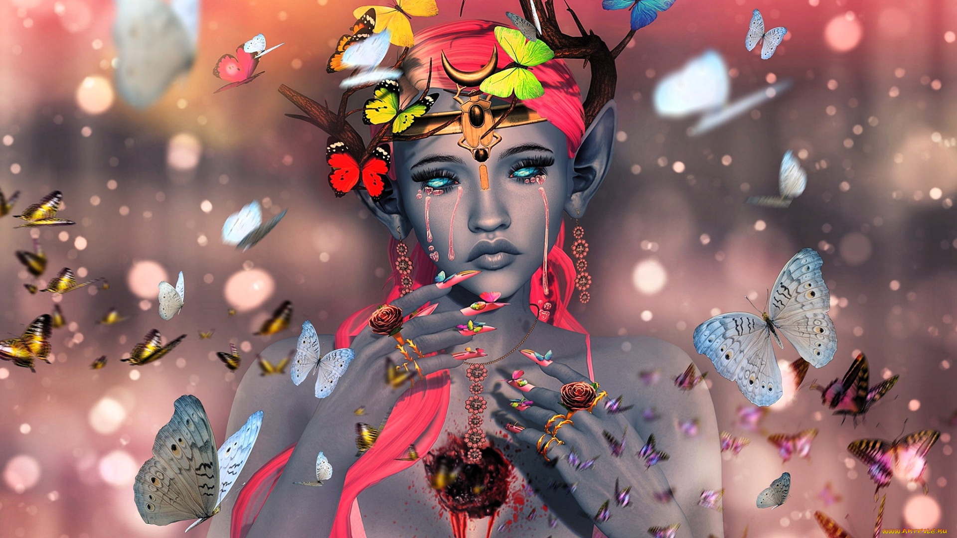 3д, графика, эльфы, , elves, девушка, рога, бабочки, дыра, слезы, украшения