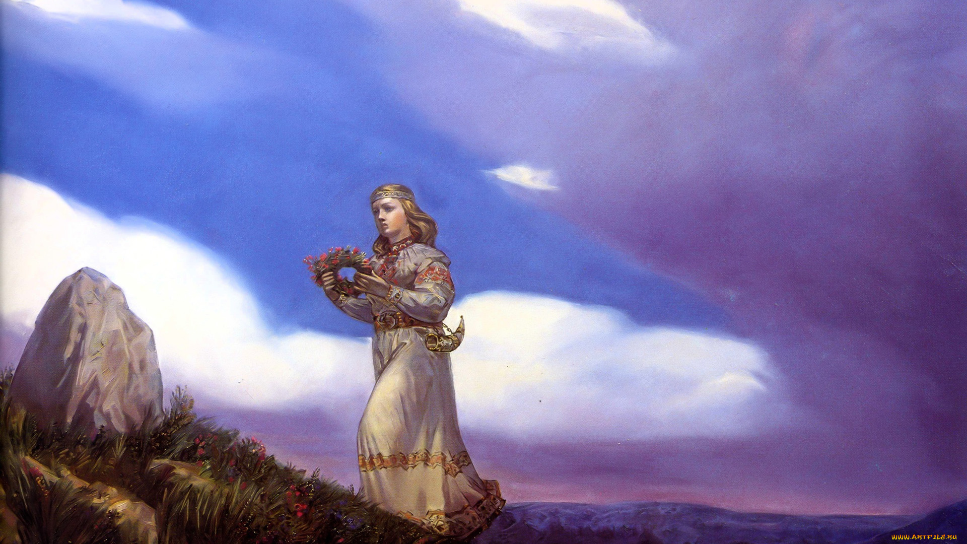 андрей, клименко, рисованное, девушка, венок, камень, тучи